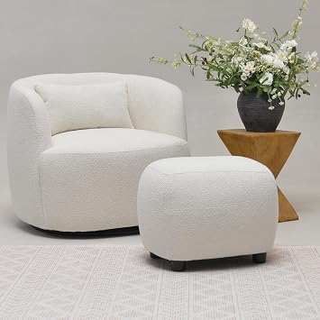 KINWELL Round Boucle Upholstered Ottoman Chair Padded Seat Footstool, Beige