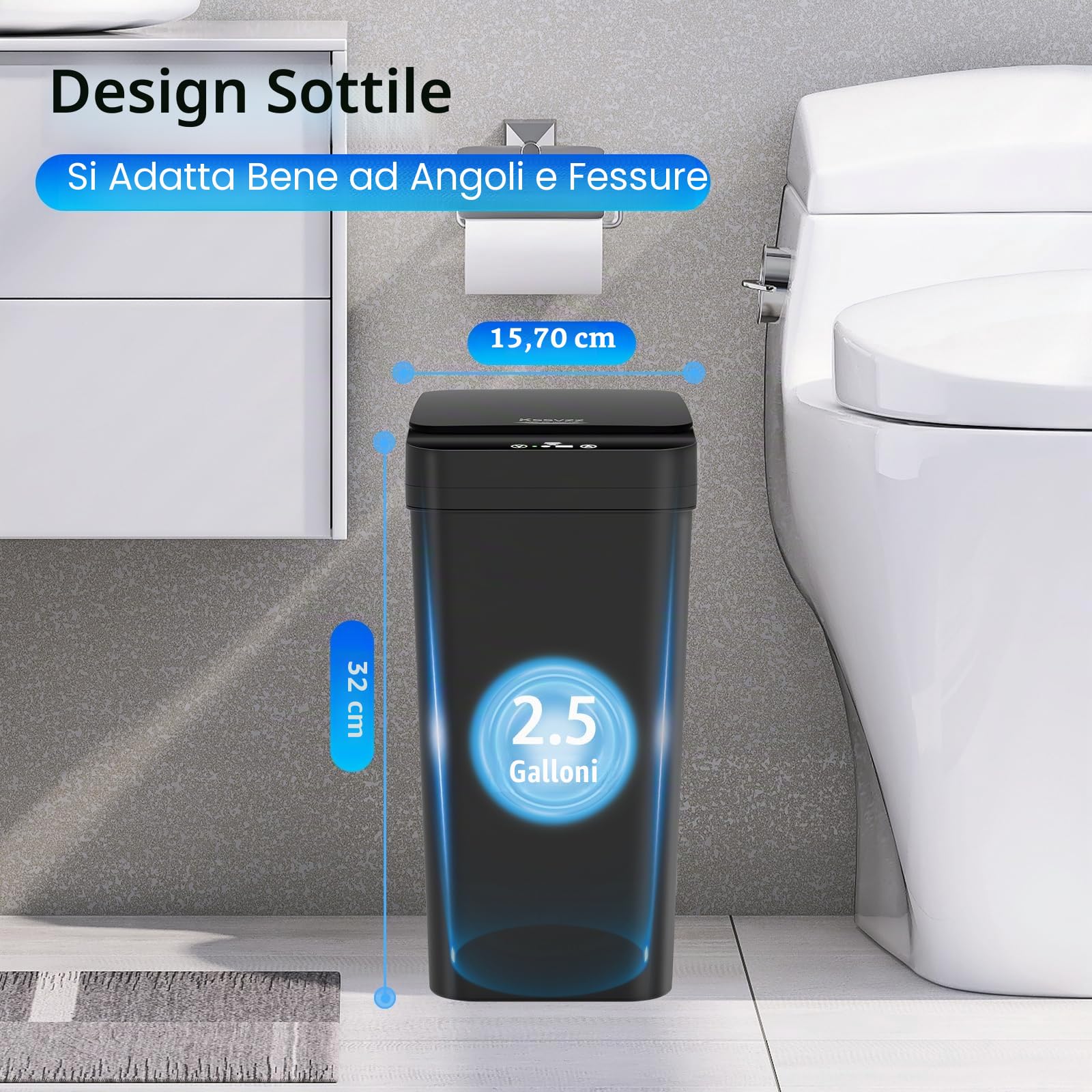 Kssvzz Confezione da 2 Pattumiera Bagno Automatica, 9.5L Sensore di Movimento Piccola Pattumiera Intelligente con Coperchio, Cestino Bagno Stretta, Pattumiera per Camera da Letto (Nero/Bianco)