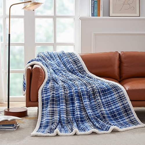 Miniatura 8 de Touchat Manta Sherpa a cuadros (60 x 70 pulgadas, azul a cuadros), manta suave y esponjosa, manta de franela de vellón de microfibra de tamaño