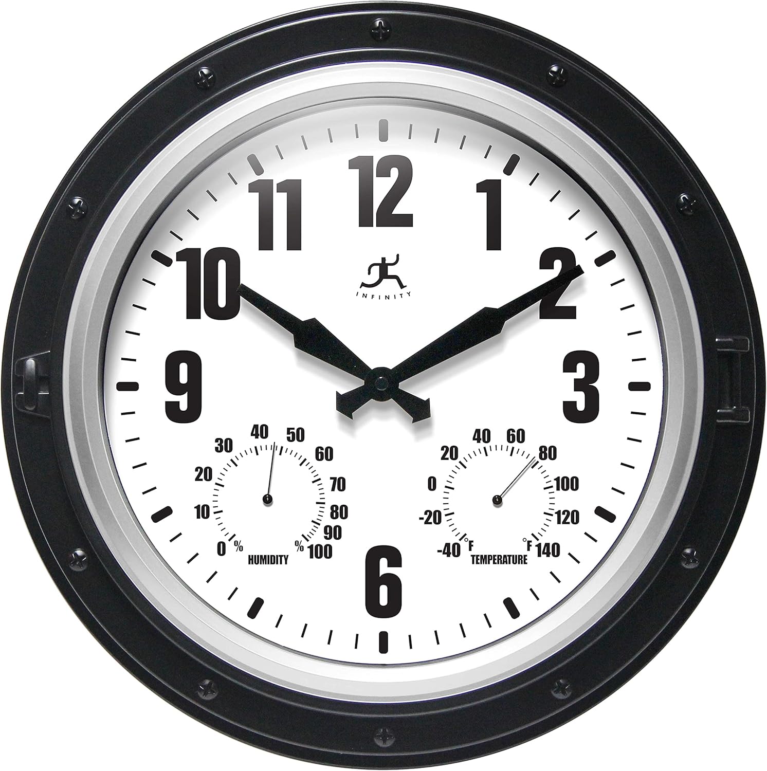 Infinity Instruments Forecaster Indoor/Outdoor Wall Clock, Thermometer, Hygrometer Combo, Stylish Durable Waterproof Weather Station for Your Home, 16 Inch, Black
