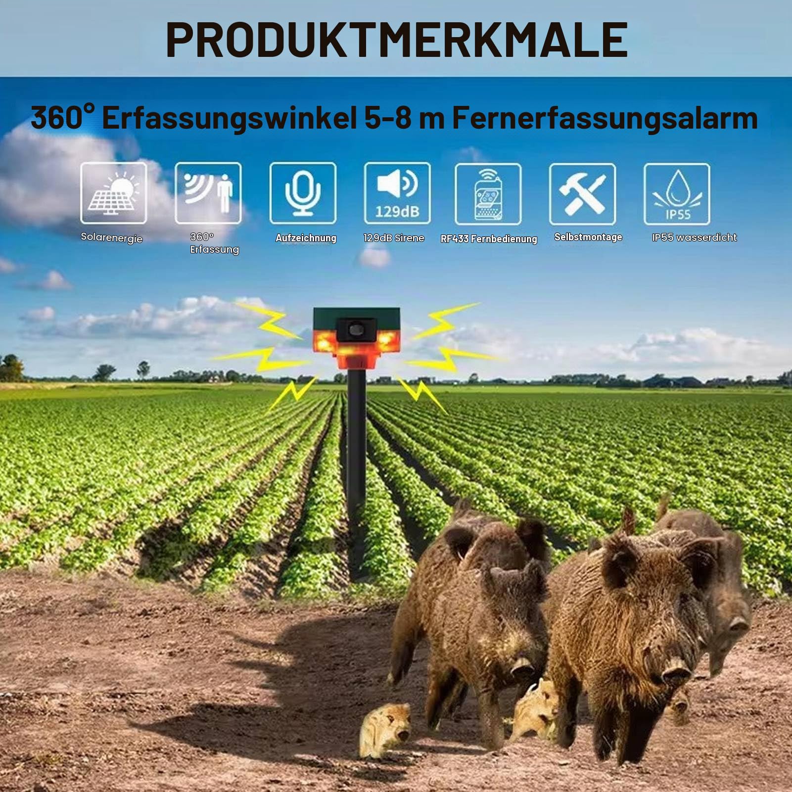 Alarm mit Bewegungsmelder für den Außenbereich,360°Bewegungsmelder-Alarmleuchte mit Bewegungsmelder-Sirene, Hundegebell, Aufnahme,Alarmsirene für den Außenbereich mit Fernbedienung