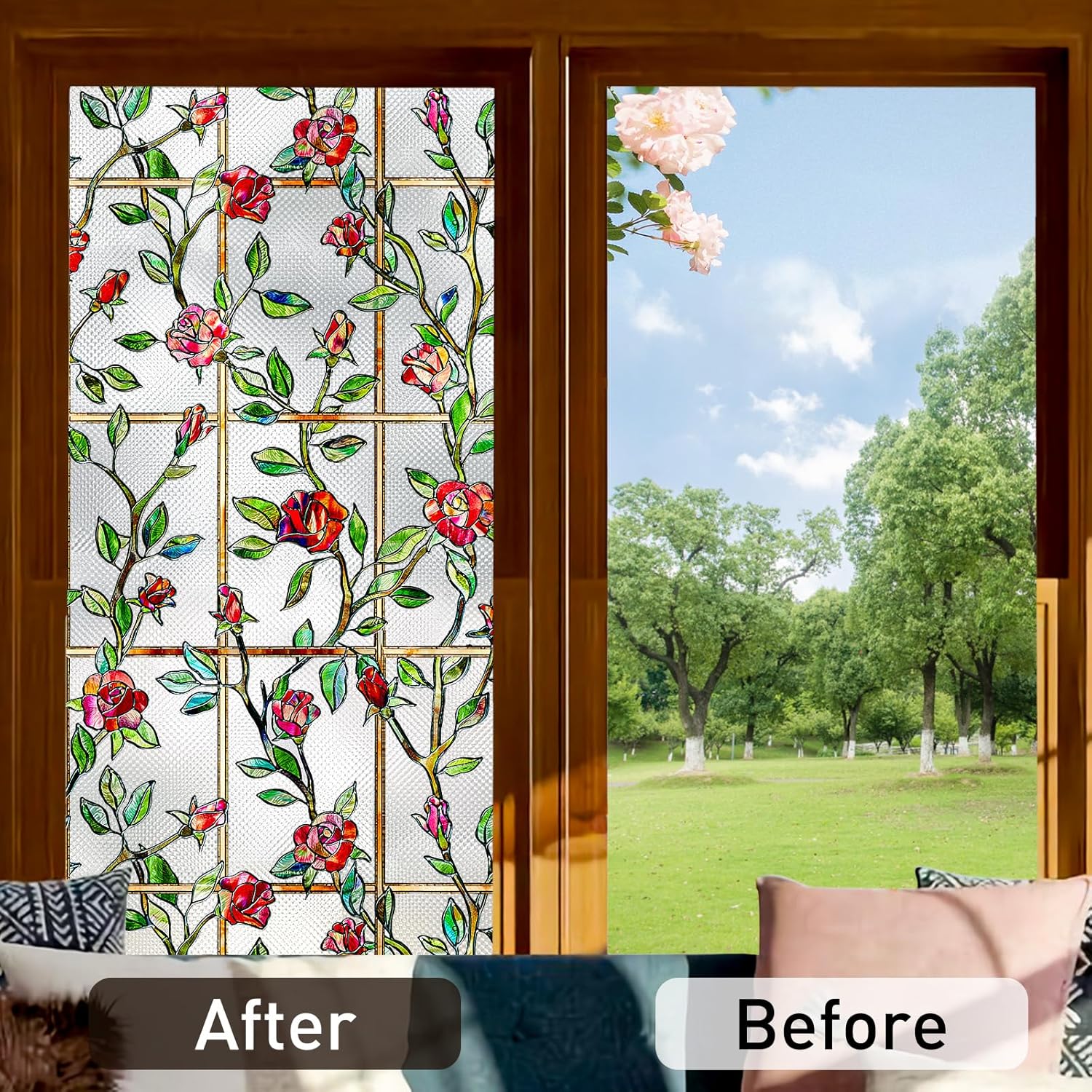 Coavas Window Privacy Film Stained Glass Window Clings 3D Red Rose Decorative Static Cling Bathroom Frosted Decals Winter Sun Blocking Stickers for Home Door Room Covering 17 x 118.1 Inch