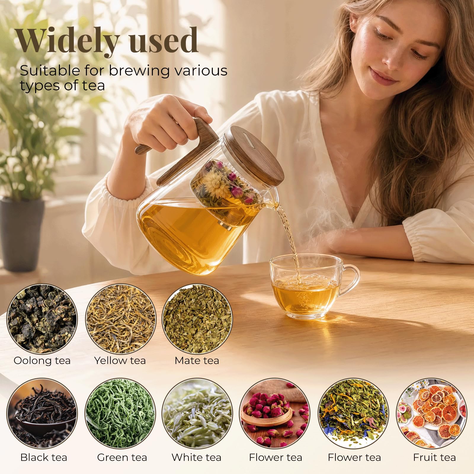Magic Théière en Verre avec Passoire, Theiere en Verre avec Couvercle à Succion Magnétique et Manche en Bois de Noyer, Theiere avec Infuseur pour Thé en Vrac, Service à Thé Maison Bureau