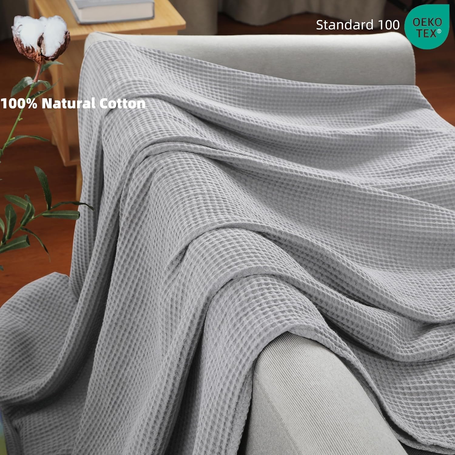 100% Cotton Waffle Blanket (Gray - King Size - 104 * 90''), Pre-Washed and Anti-Shrinkage Soft Lightweight Bed & Couch Blanket, 380 GSM Waffle Weave Throw Blanket for All Seasons - Image 3
