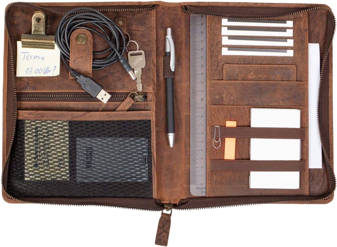 Pride & Soul 30121 Organiser A5 Wick Zip Writing Case Made of Genuine Leather Brown 24 x 19 cm, Conference Folder with Notepad, Pen Loop and 4 Business Card Slots
