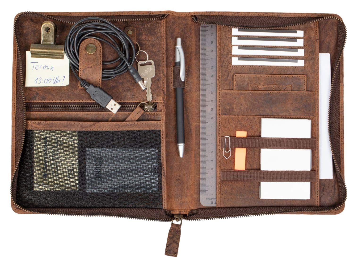 Pride & Soul 30121 – Organiseur A5 WICK – Porte-documents à fermeture éclair en cuir véritable marron – Dimensions : env. 24 x 19 cm – Conférencier avec bloc-notes, passant pour stylo et 4