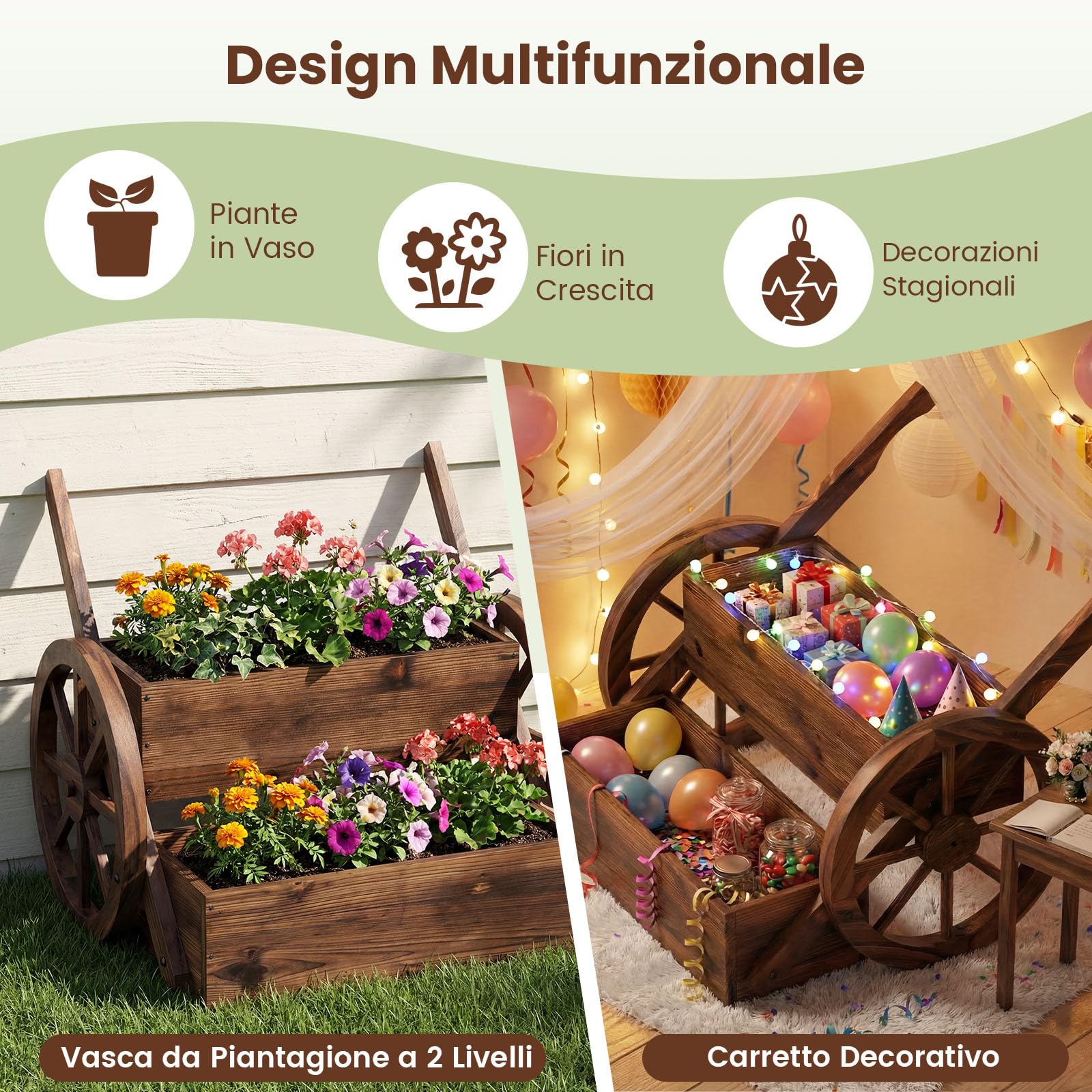 COSTWAY Fioriera Rialzata a 2 Livelli, Carretto di Legno con Fori di Drenaggio, Semi-Ruote e Guanti, per Verdure, Erbe Aromatiche, Fioriera da Interno ed Esterno per Patio, Giardino e Balcone