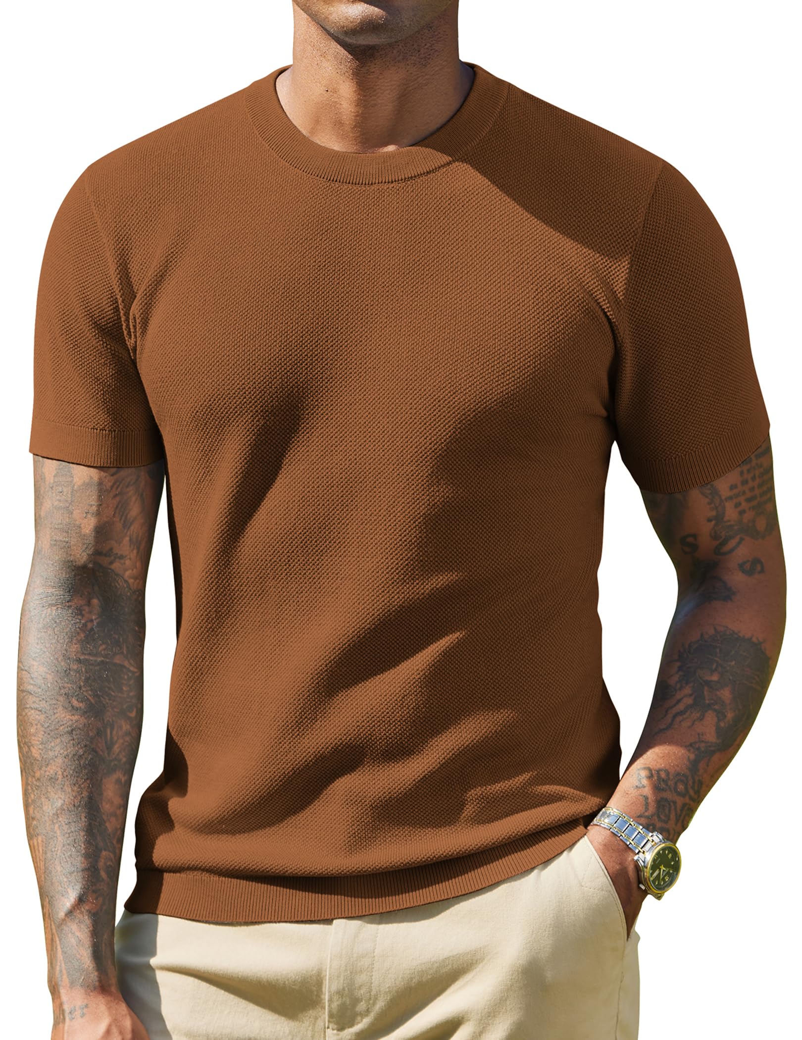 COOFANDY T Shirt Herren Strick Tshirt Männer Basic T Shirt Sommer Pullover Kurzarm T-Shirt mit Rundhals Oberteile Strickshirt