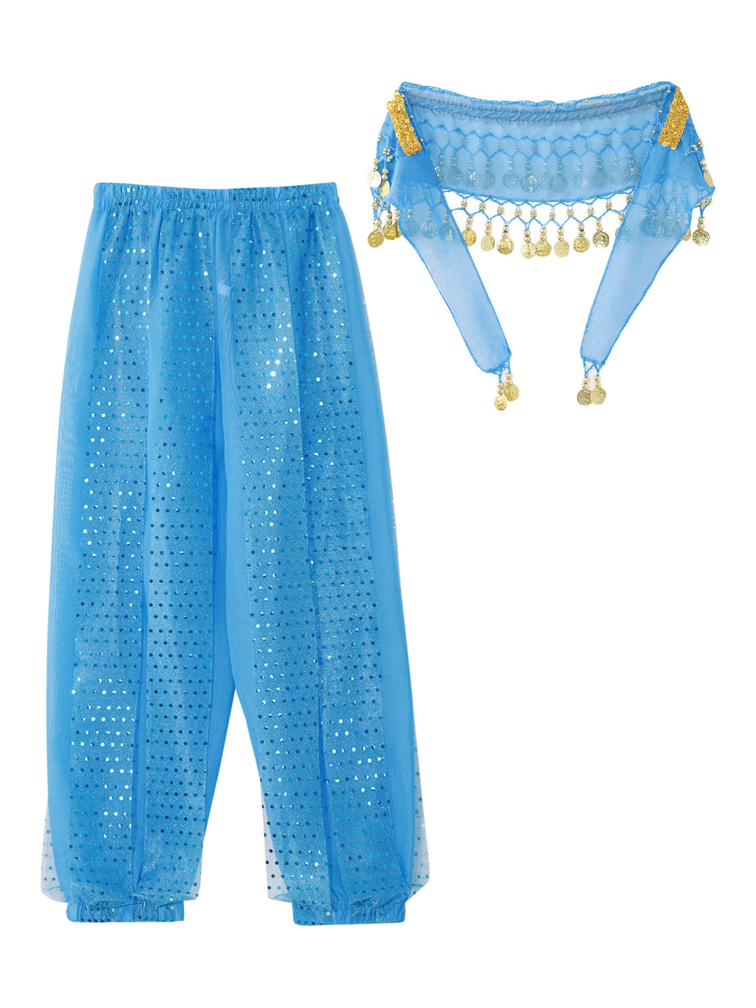 inlzdz Pantalón Bombacho con Monedas para Niñas Pantalones De Gasa Brillante Cintura Elástica Pantalones De Harén De Baile Latino De Yoga