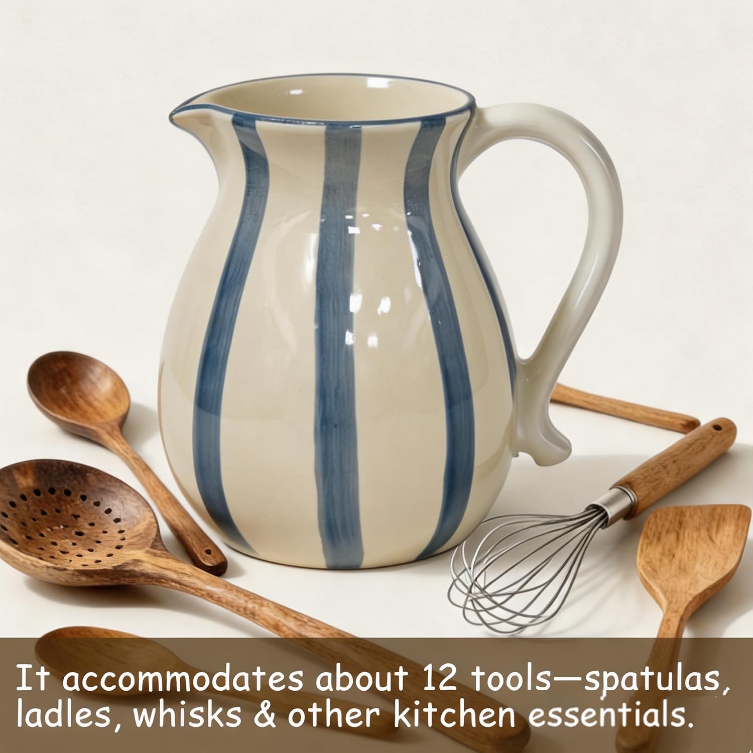 Utensil Holder for Kitchen Counter, Modern Farmhouse Rustic Utensil Holder for Countertop Home Decor, Chinoiserie Floral Ceramic Vintage Utensil Organizer&Crock for Cooking/Spoon Tools (Blue Stripes) image 3
