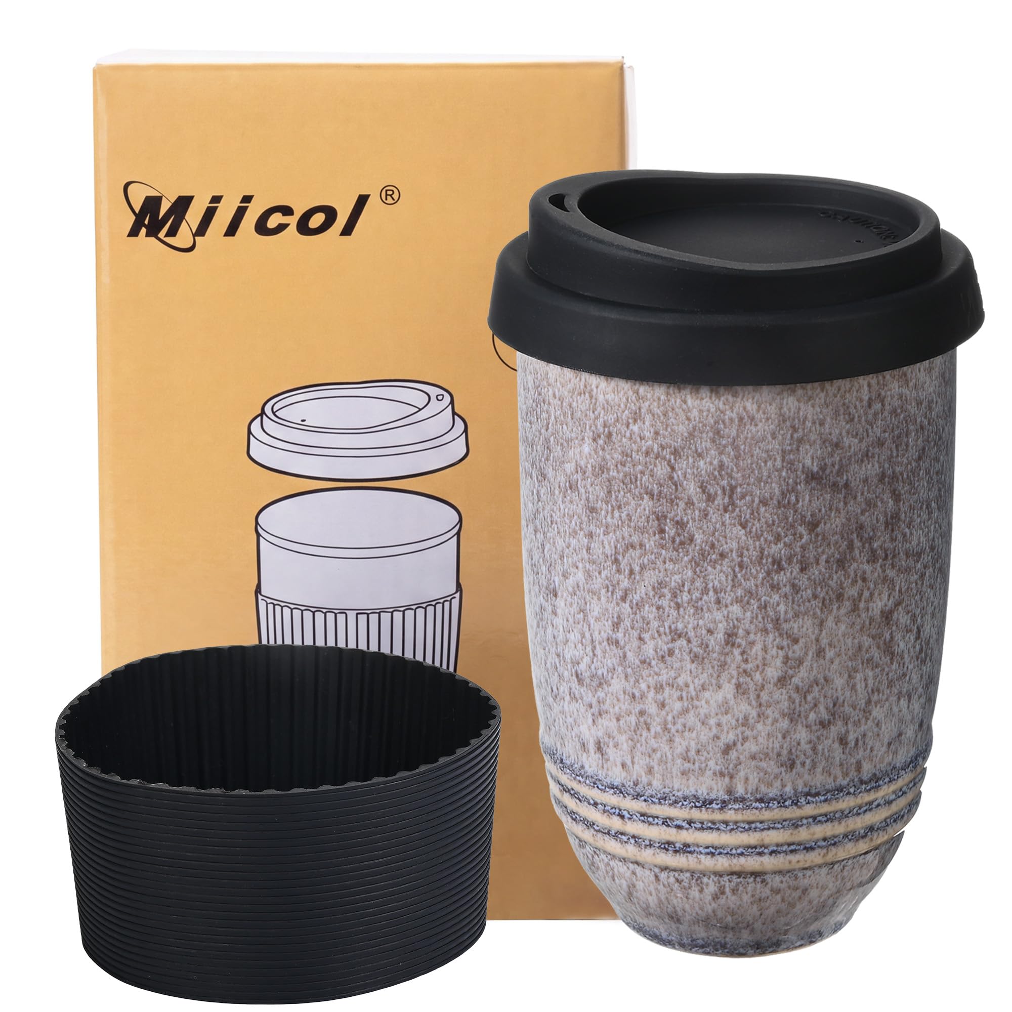 Miicol Ceramic Coffee Mug, 300ml Reactive Glaze Mug with Lid and Sleeve