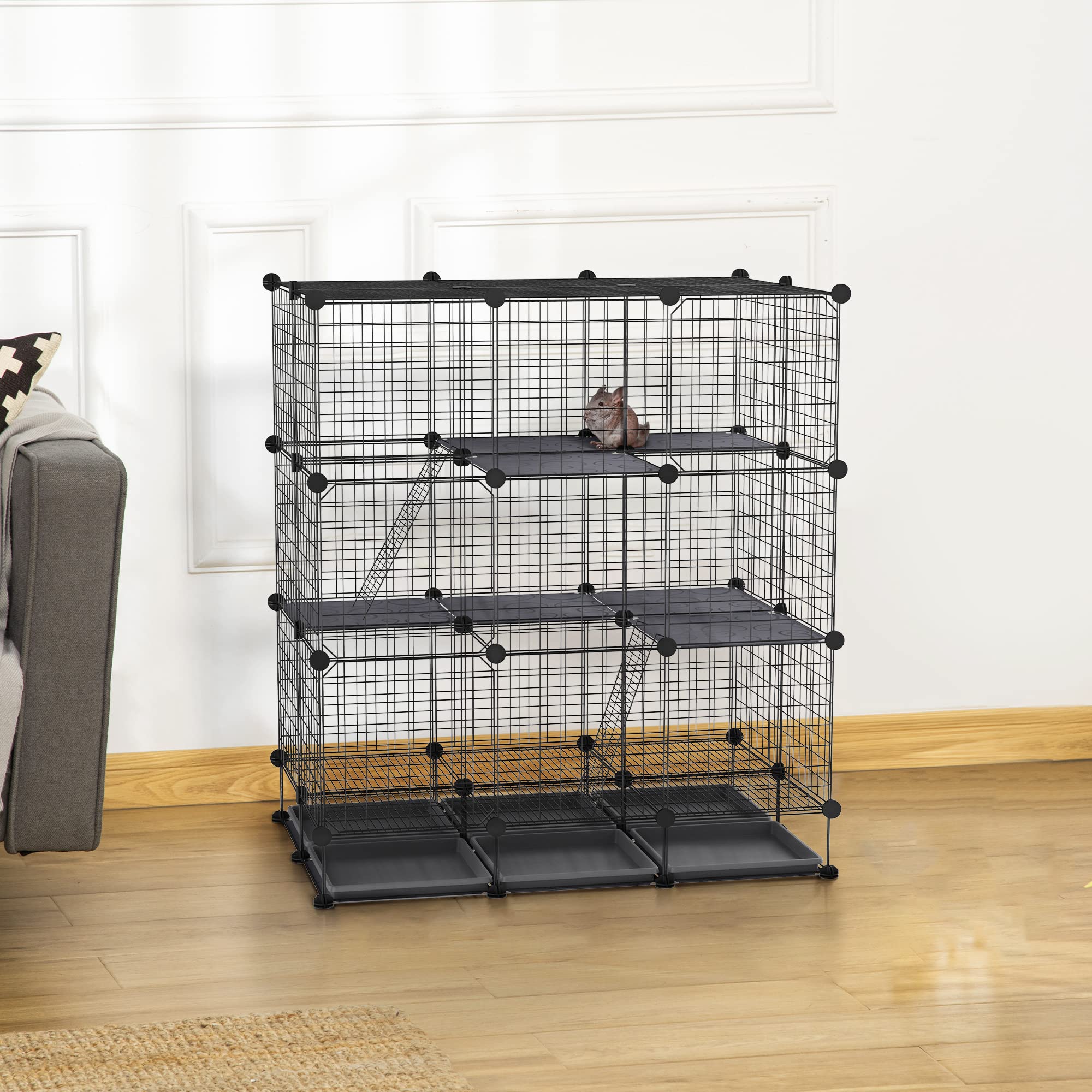 PawHut Recinzione Metallica per Piccoli Animali Montaggio Fai-da-Te Parco Metallico Smontabile a 3 Livelli Gabbia per Animali Domestici Piccoli 111x75x119 cm Nero