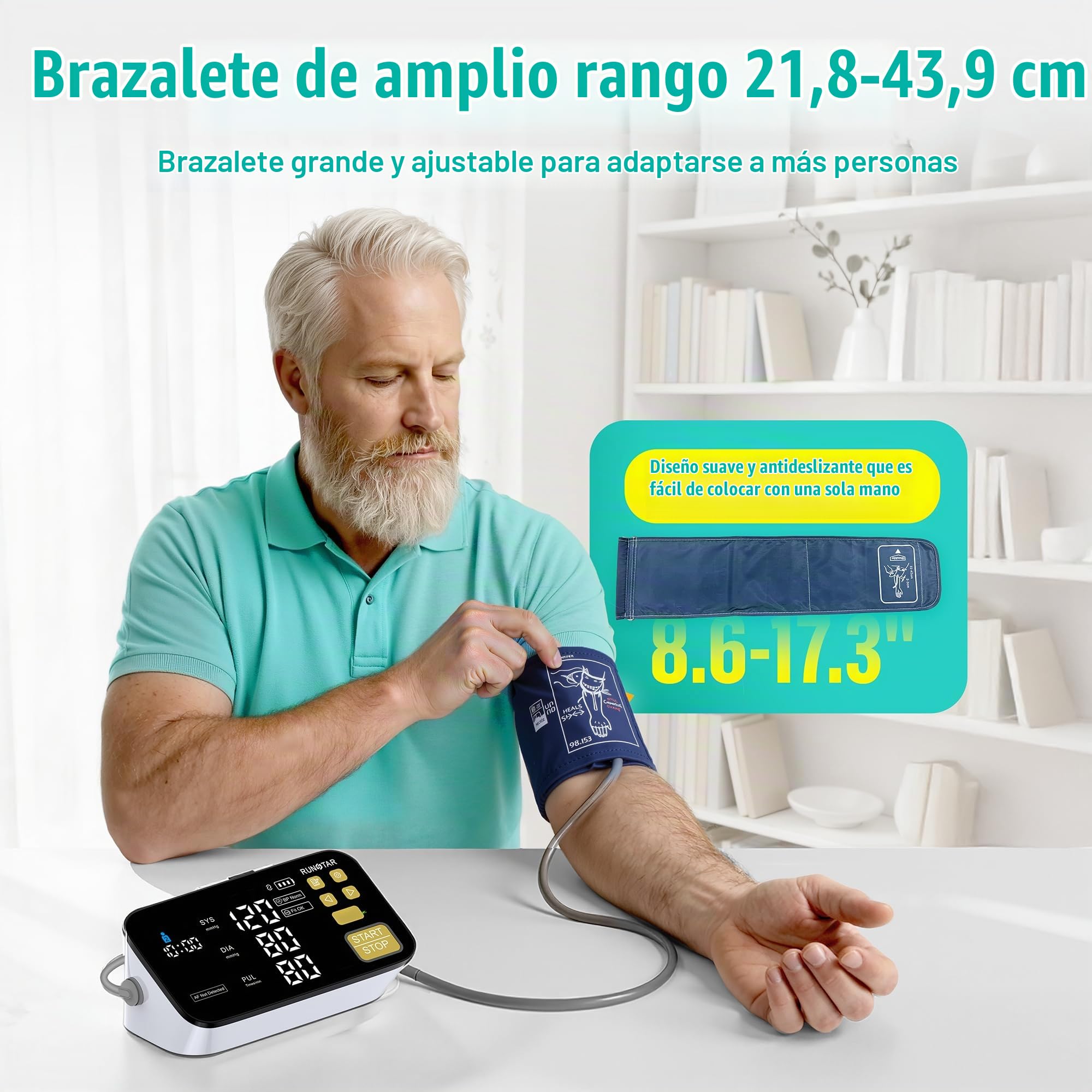 RunStar Tensiómetro inteligente para uso doméstico, con manguito ancho para el brazo, compatible con FSA y HSA, pantalla LED nítida de 6,5", detección de fibrilación auricular, conectividad con app
