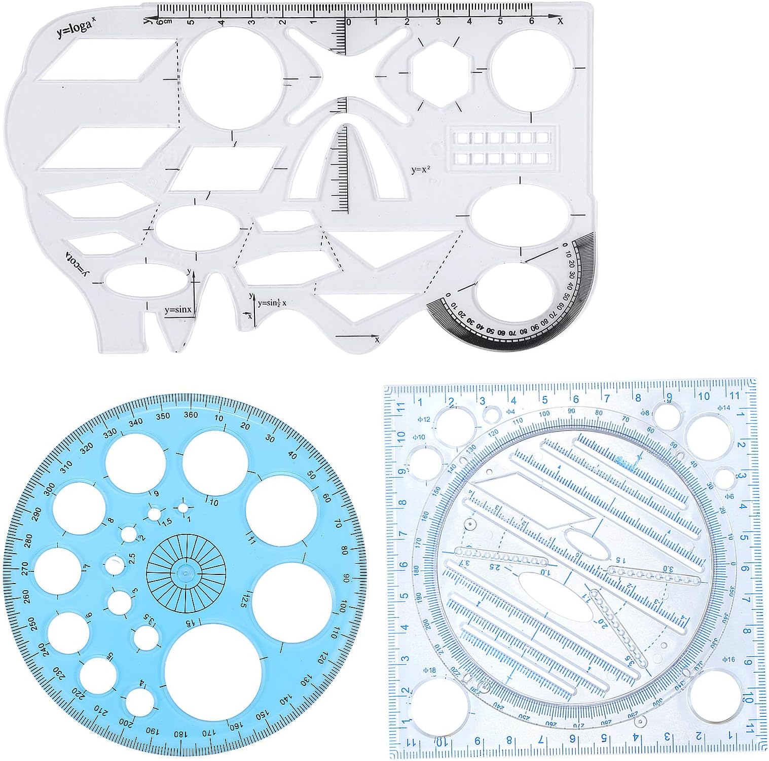 3PCS Circle Stencil Plastic Circle and Oval Measuring Drafting Template Ruler, Multi-Size Reusable Circles Templates Formwork Drawing Maker Tool(Clear and Blue)