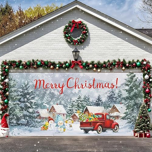 Miniatura 8 de Cubierta de Puerta de Garaje para Navidad - Decoraciones Retro de Camión para Puerta de Garaje, Gran Bandera Colgante, Decoraciones de Pared de