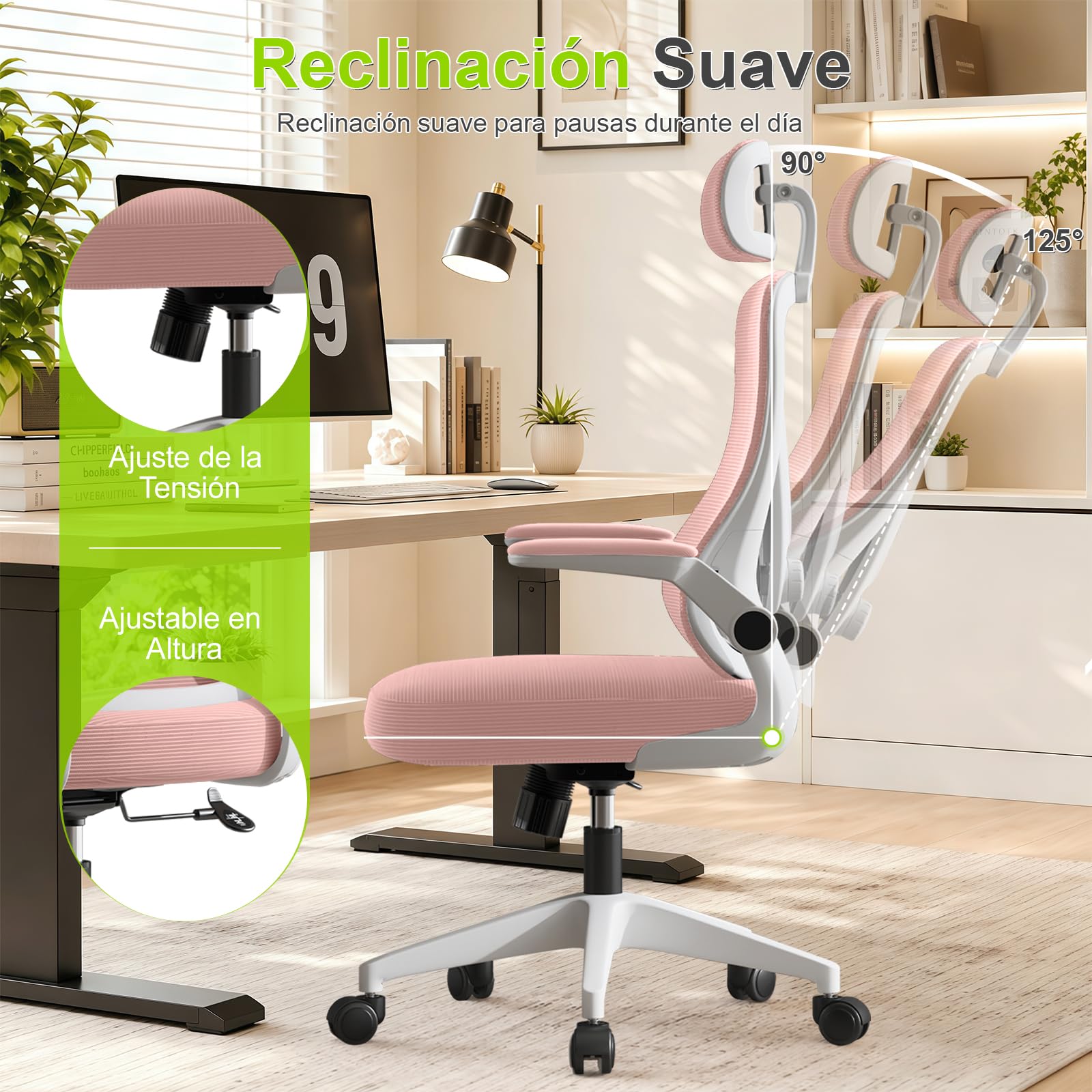 Silla de Escritorio con Ajustable Soporte Lumbar, Silla de Oficina Ergonómica con Reposabrazos Abatibles, Silla de para Ordenador para Oficina en Casa, Estudio y Juego, Rosa