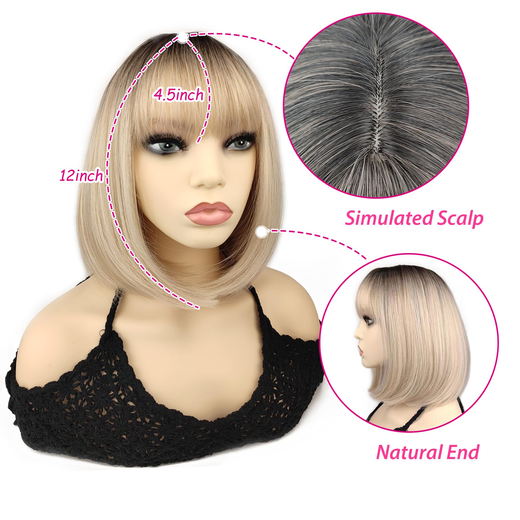 Foufait Ombre Platinum Blonde Wig Short Bob Wig with Bangs Ombre Ash Blonde Bob Wigs for Women Synthetic Blond Cosplay Wig Daily Party (Ombre Blonde)