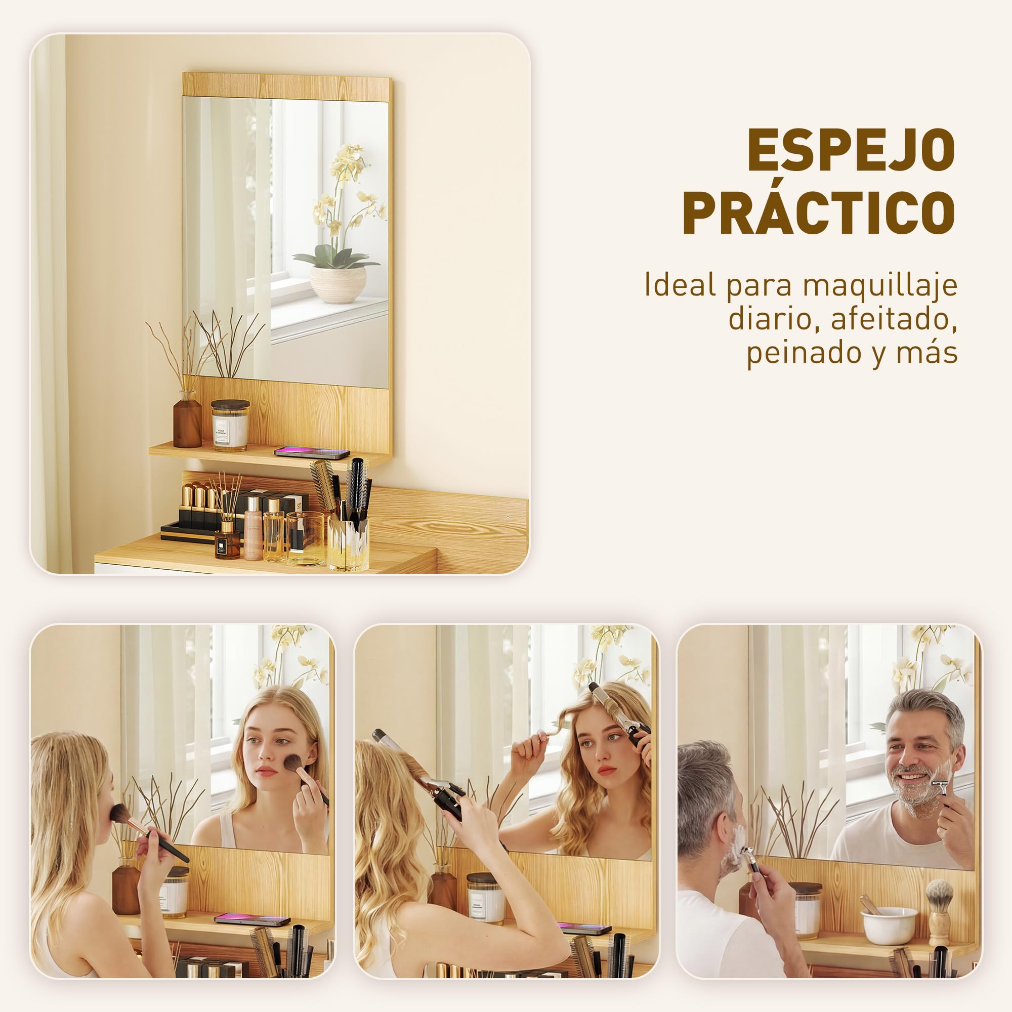 HOMCOM Conjunto de Recibidor de Entrada de Pared con Espejo, Cajón y 2 Estantes Abiertos, Muebles Recibidor para Pasillo, Madera Natural