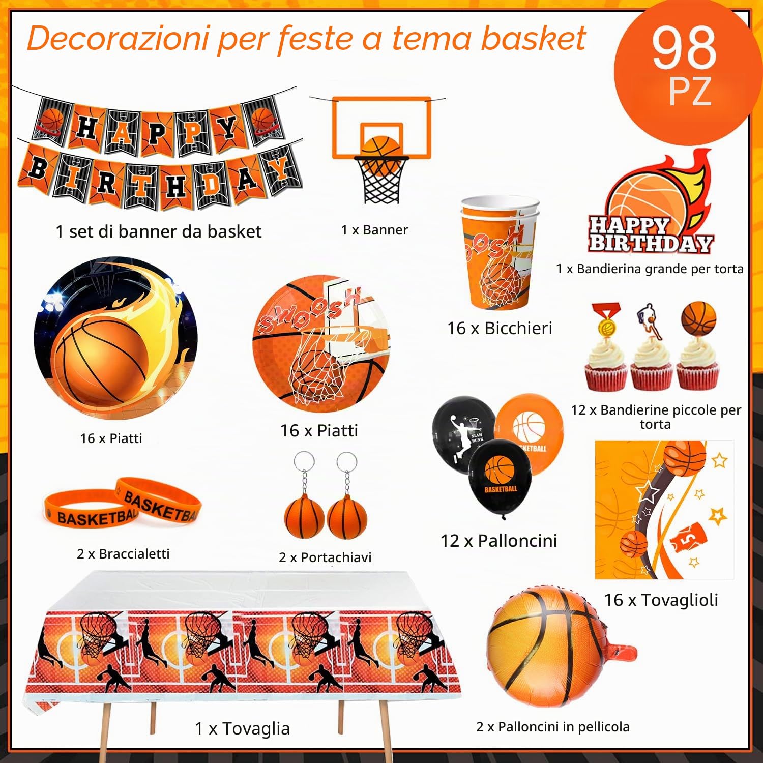 Forniture per Feste di Compleanno Pallacanestro,98 Pezzi Set di Stoviglie Decorazioni per Feste di Pallacanestro Basket Piatto Tovaglioli Tazze Tovaglia etc Forniture Festa di Compleanno Tema Basket