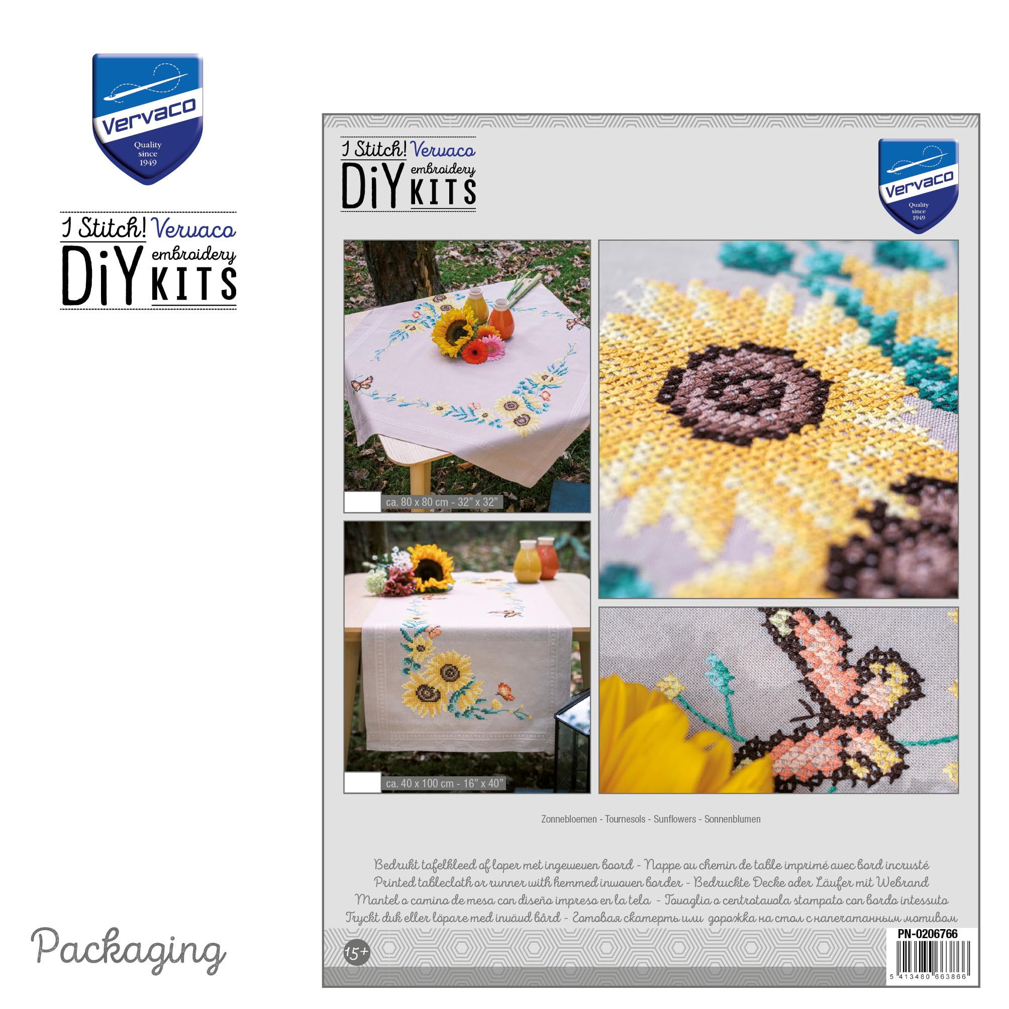 Vervaco Mantel Para Bordar Punto De Cruz Completo Bordado Tela Impresa GIRASOLES Decoracion Para Manualidades DIY Adultos Set Ocio Creativo Regalo 80 x 80 cm Cross Stitch Embroidery