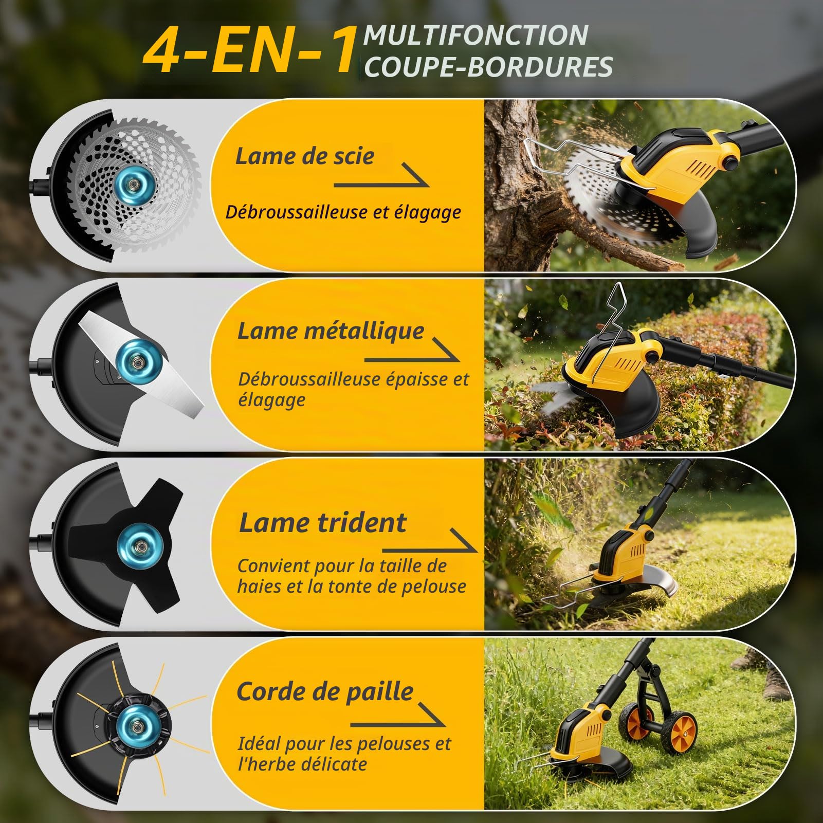 Débroussailleuses Electrique sans Fil avec Roue,Akku Rasentrimmer,30CM Coupe Bordures sans Fil avec 2 * 3.0Ah Batterie et Chargeur&4 Types Lames,Moteur Brushless 800W