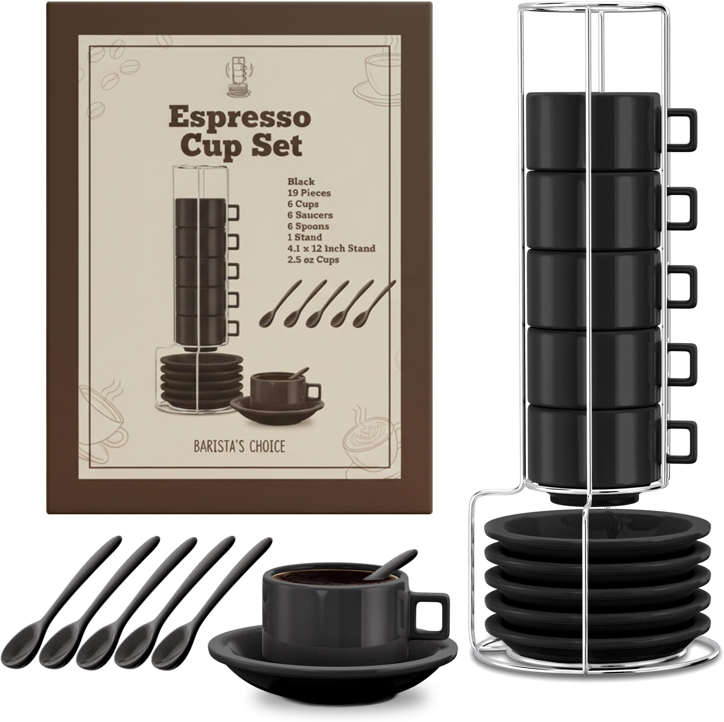 Houseables Espresso Cup Set, Espresso Cups Stackable, Expresso, Demitasse, with Saucers, Stand, Spoons, Coffee Mugs, Juego De Tazas Para Cafe, Porcelain, Stacking, 19 Pieces, Set of 6, 2.5 oz, Black