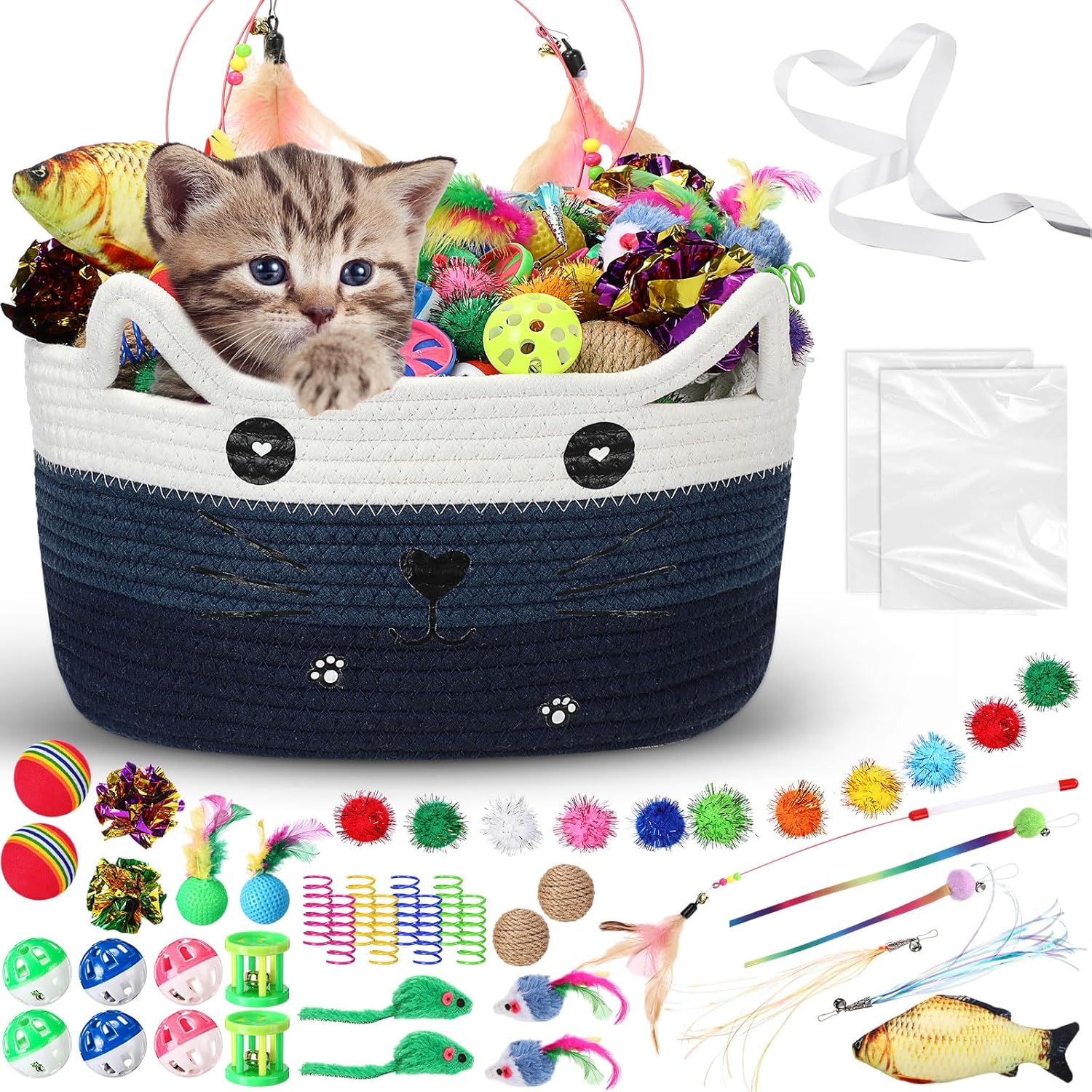 Zopeal 76 Pcs Mother's Day Cat Storage Basket Gift Toys Set Interactive Cat Toys Kitten Wand Colorful Flashing Balls Pet Crinkle Balls Attract Kitten to Swat, Hunt for Pet Indoor(Blue)