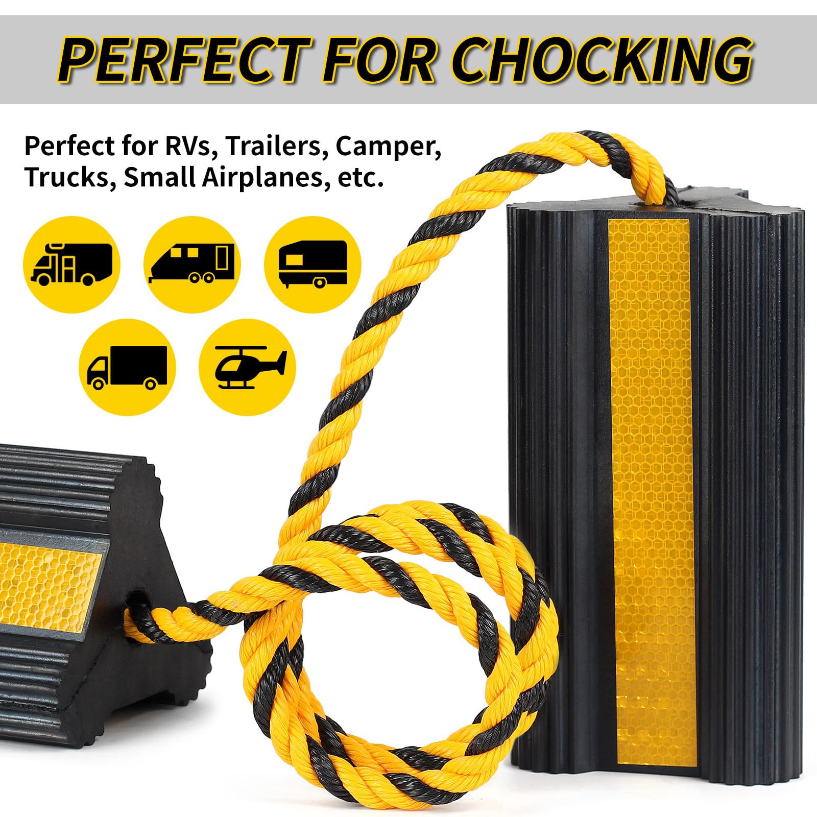 OULEME Cuñas de goma resistentes para ruedas, bloques de calzo para neumáticos de RV con cuerda de nailon y cinta reflectante amarilla, tapones de rueda antideslizantes para cámper, remolques de