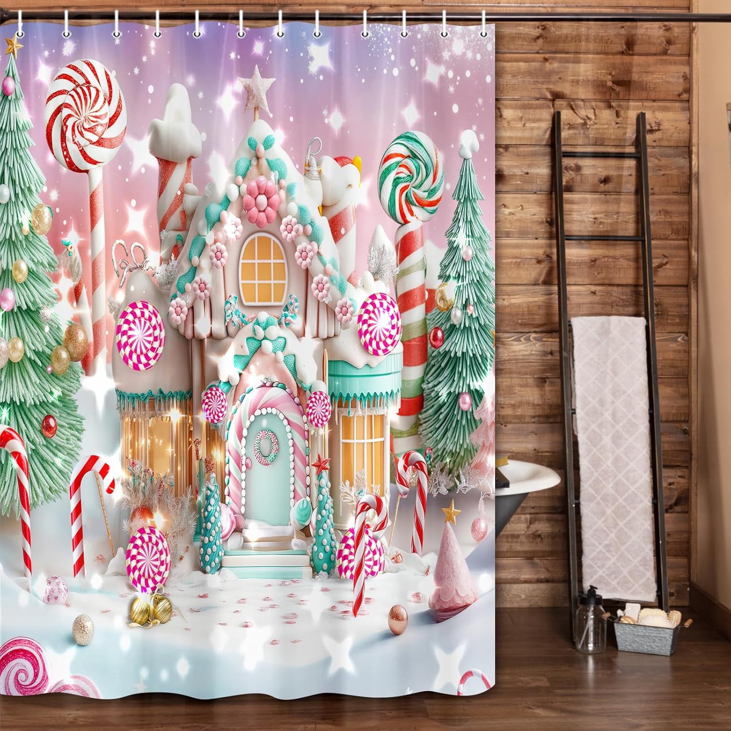 Christmas Shower Curtain, Winter Pink Merry Christmas Gingerbread House Shower Curtain Set, Xmas Candyland New Year Snowflakes Holiday Waterproof Fabric Bathroom Curtains with Hooks, 69X75inch