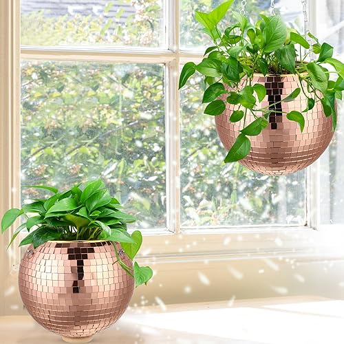 Miniatura 9 de Remerry 6 macetas de bola de discoteca de 4 pulgadas con espejo, maceta colgante bohemia con cadena y anillos de madera para plantas de interior y