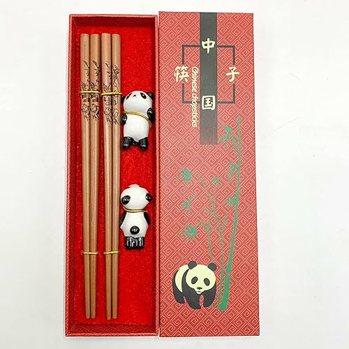 SZSJBK Lindos palillos de panda, juego de palillos de madera reutilizables con soporte para palillos de cerámica y estuche de regalo rojo para boda,