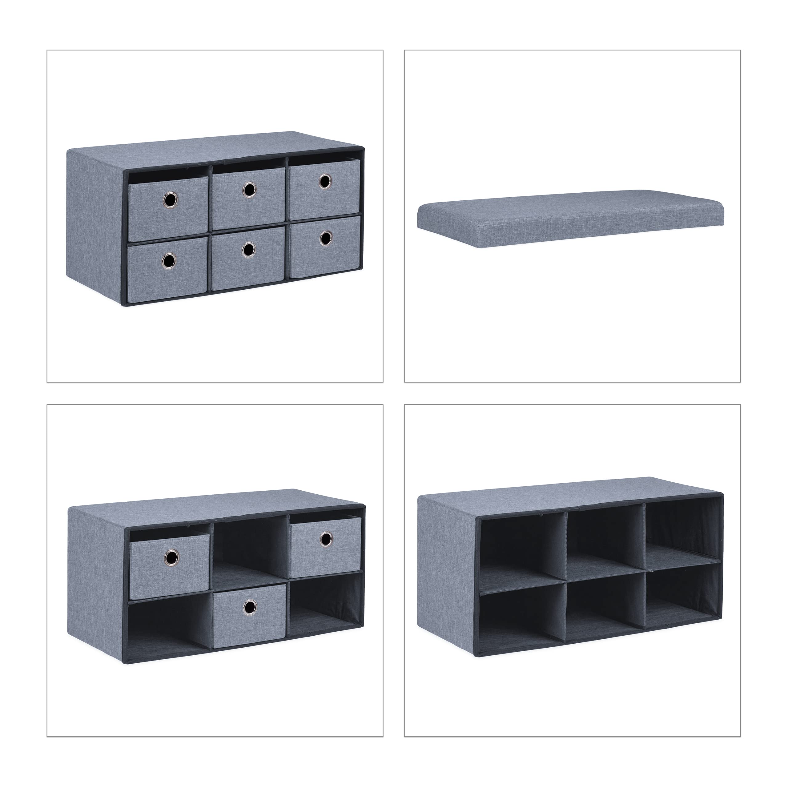 Relaxdays Panca Contenitore con 6 Cassetti, Pieghevole, Ingresso o Camera Letto, HLP: 39x76x38 cm, Porta Giochi, Grigio