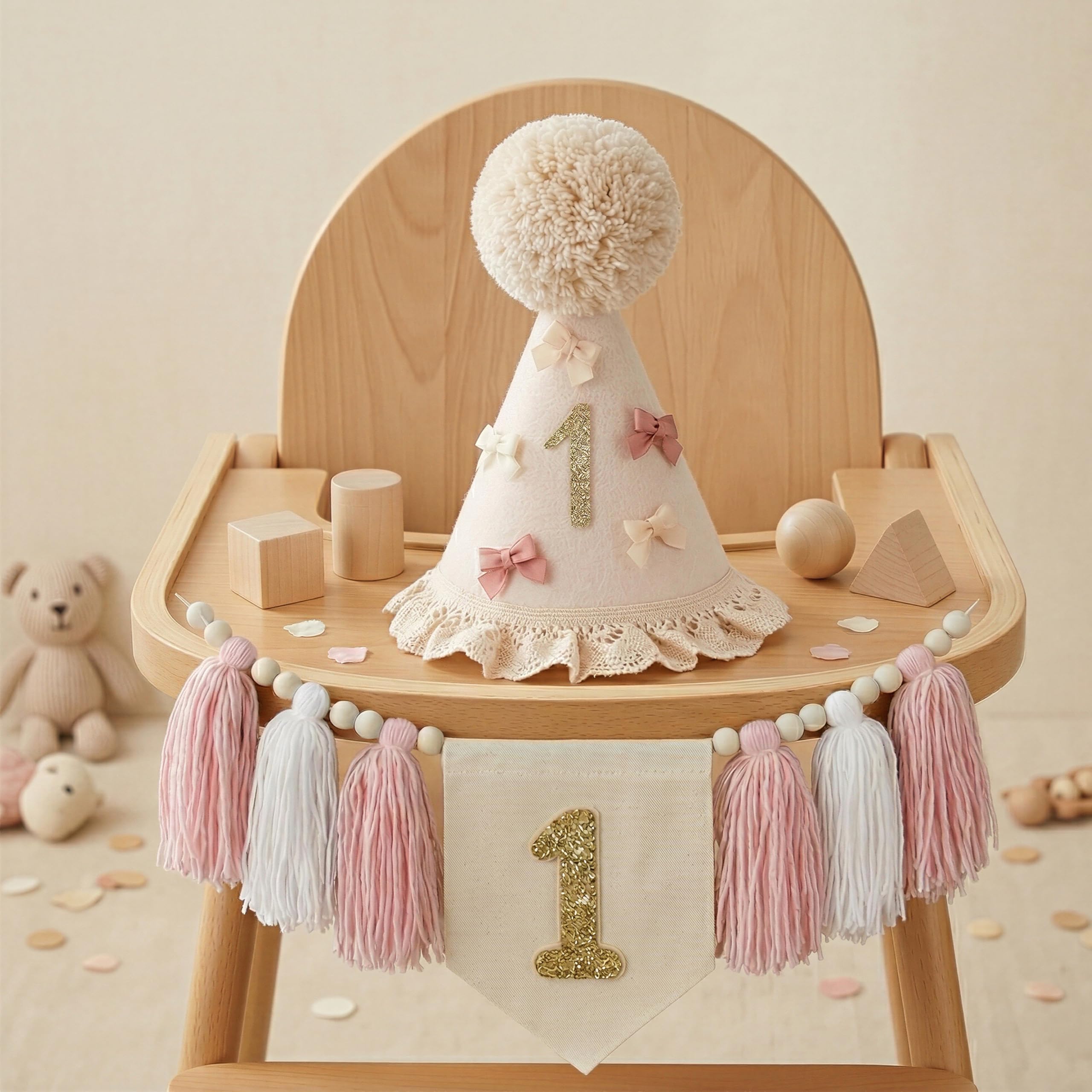 Photo 1 of 1st Birthday High Chair Banner with Cone Hat Boho Style Pink & White Wood Bead Tassel Garland first birthday decorations for girl One Year Old Outfit Photo Props Wall Hanging Party Decor