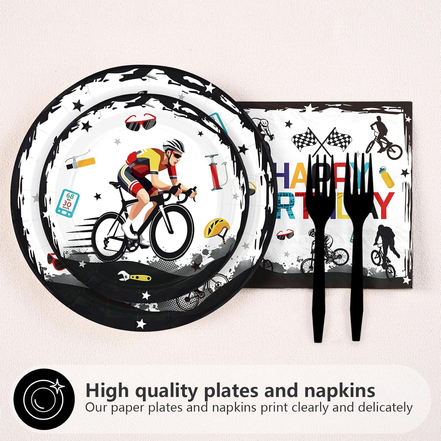 96Pcs Bicycle Birthday Party Decorations Mountain Bike Road Birthday Plates and Napkins Sets Sports Bicycle Racing Decorations for Boys Teens Adults Sports Bike Lover Bday Party Supplies Serves 24