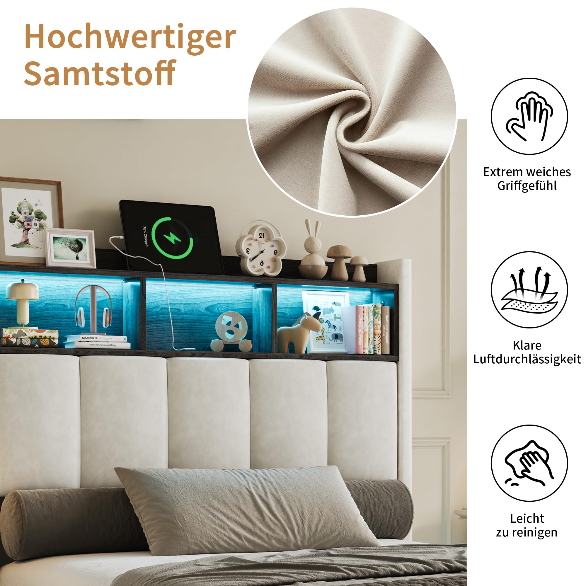 Łóżko tapicerowane, podwójne, 90 x 200 cm, zagłówek ze schowkiem LED i USB, łóżko hydrauliczne 90 x 200 cm, ze skrzynią na pościel i stelażem, oparcie z litego drewna i aksamitu