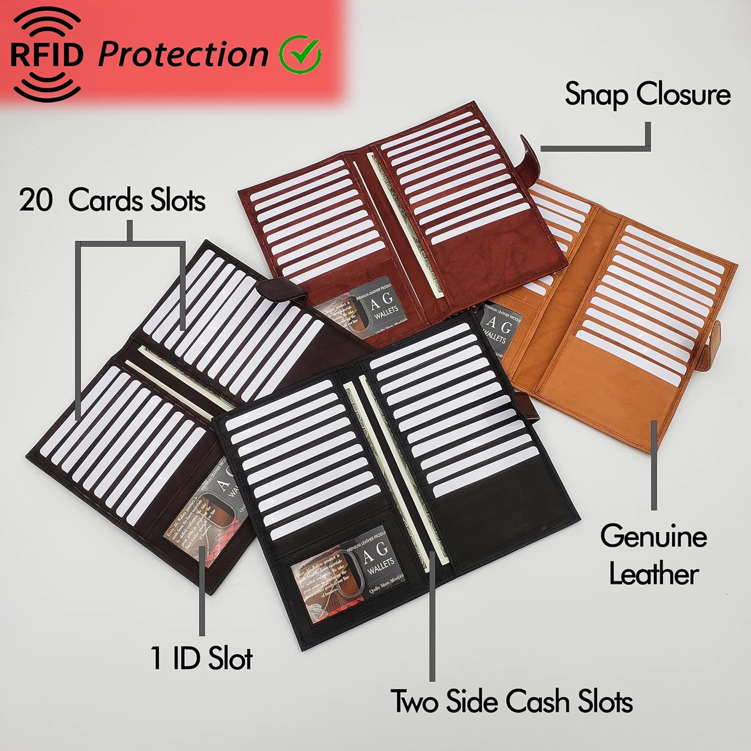 AG Wallets Genuine Leather Mens Long ID 19 Credit Card Security Wallet (RFID_TanSnapClose) - Image 8
