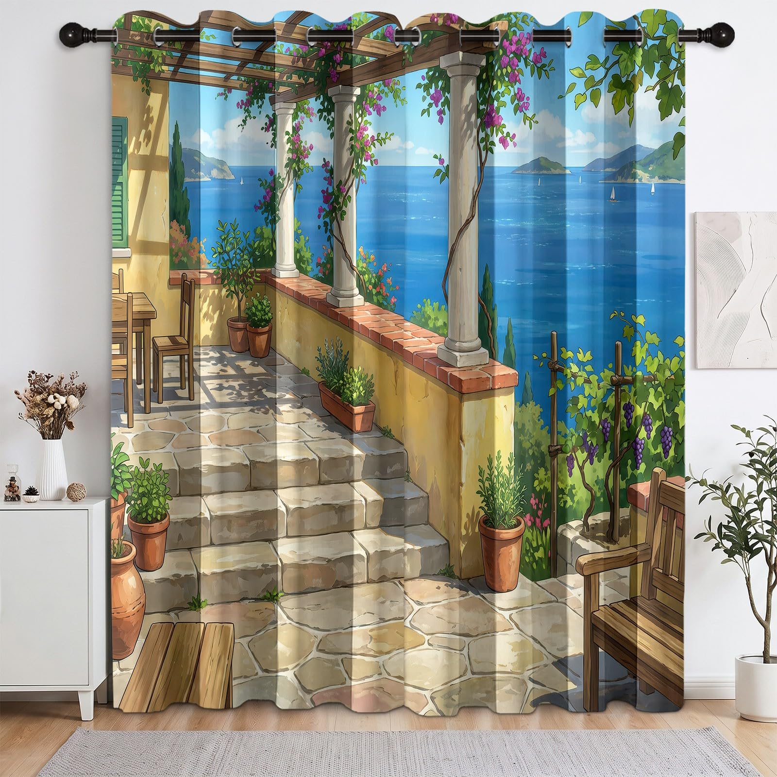 Générique Śródziemnomorskie zasłony na taras, 100% termiczne, zaciemniające przelotki, ochrona przed gorącem, 2 panele, 140 x 180 cm, nieprzezroczysta zasłona oceanowa, ochrona przed zimnem i ciepłem