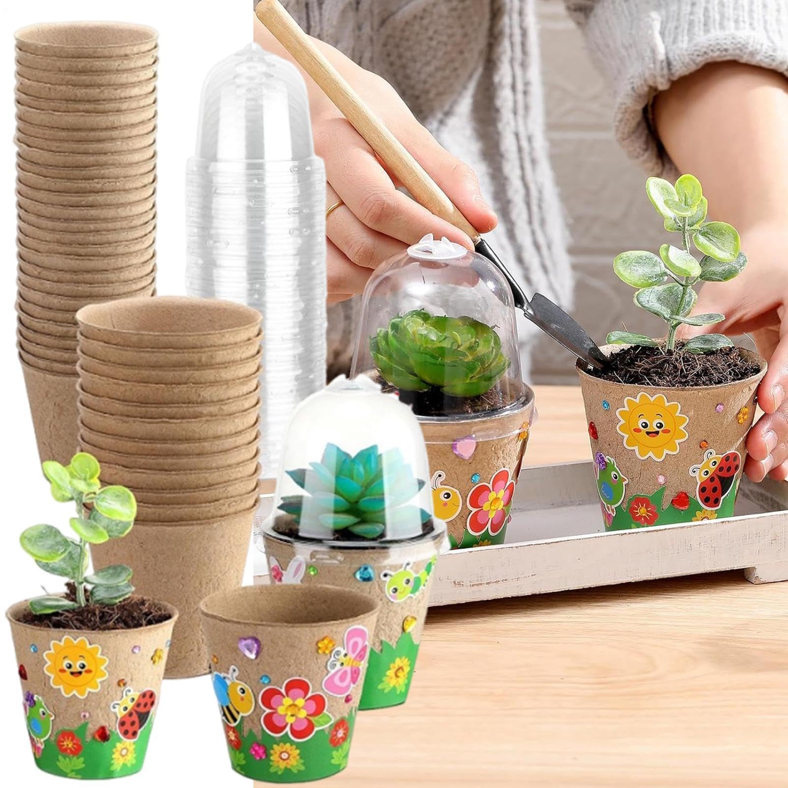 Generico Vasi Piccoli Da Fiori vasi di per piantare | 30 Vasi Da Giardinaggio Con Cupole E 20 Fogli Di Adesivi Divertente attività di piantagione per bambini, aula, scuola, casa,