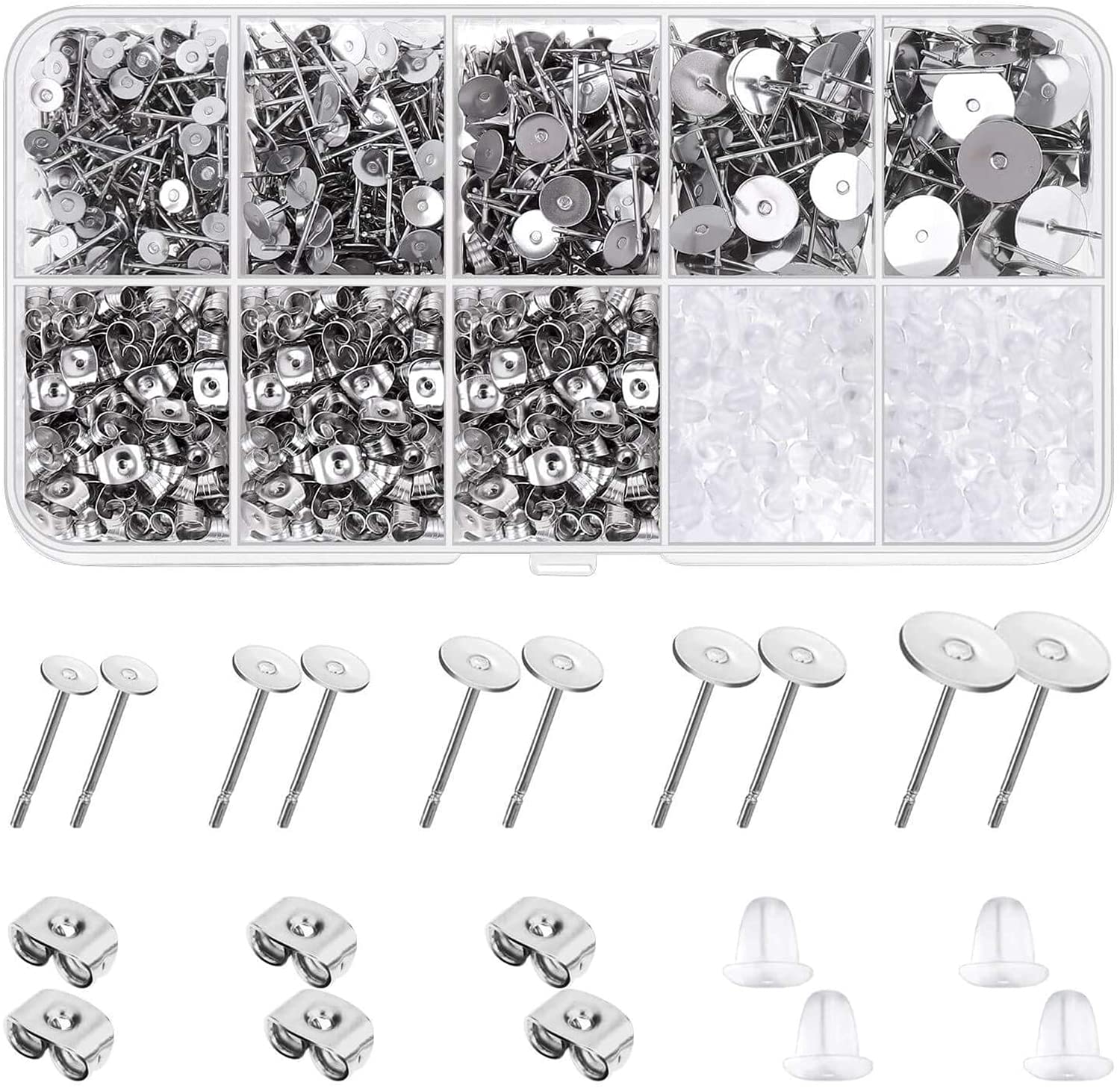DELFINO Earring Posts and Backs, 1800pcs Earring Making Supplies with Stainless Steel Earring Posts and Earring Backs for Studs, Earring Making Kit for DIY Earrings and Jewelry Making