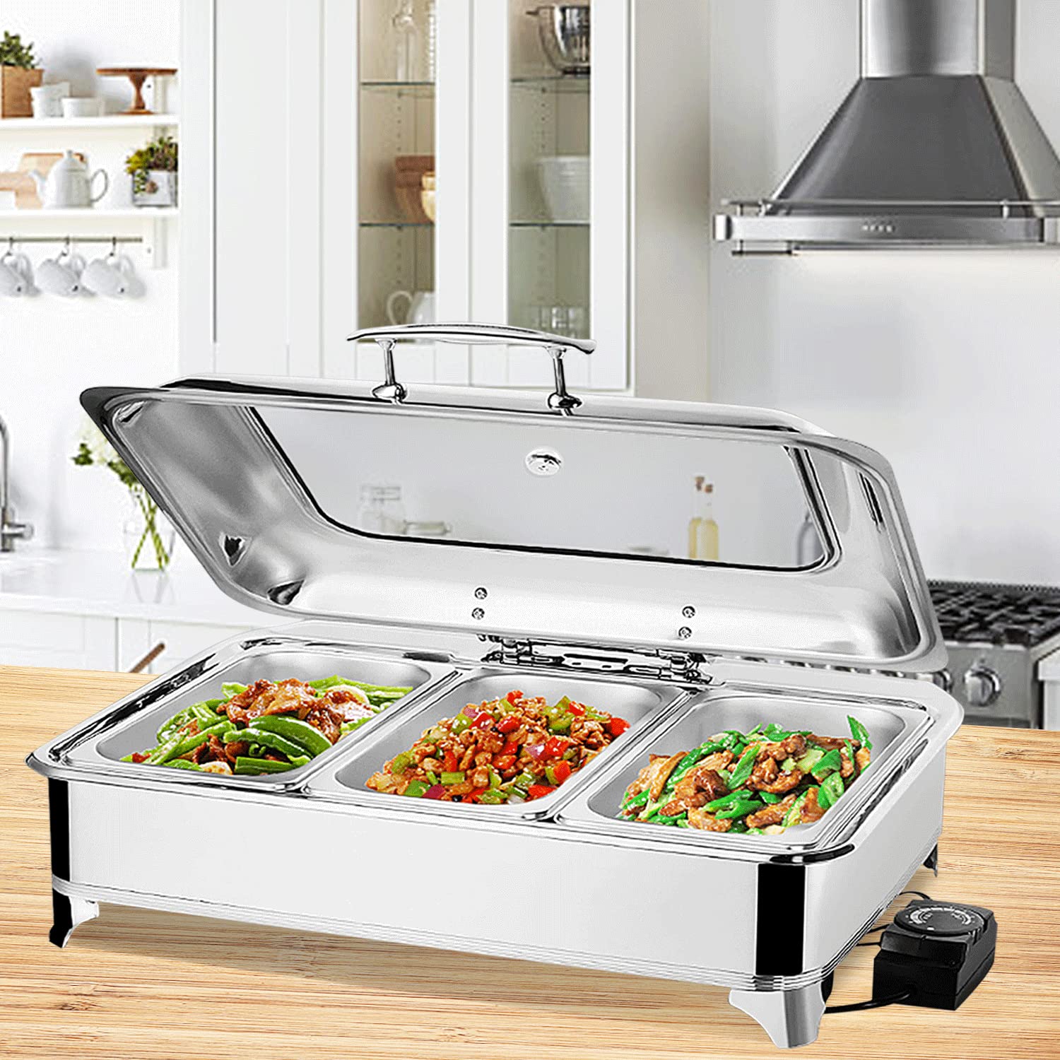 9L Chafing Dish Scaldavivande Elettrico per Buffet Acciaio Inox | Contenitore Vassoio di Riscaldamento Pentole con Coperchio Visibile, Scaldavivande per Buffet Feste Ristoranti