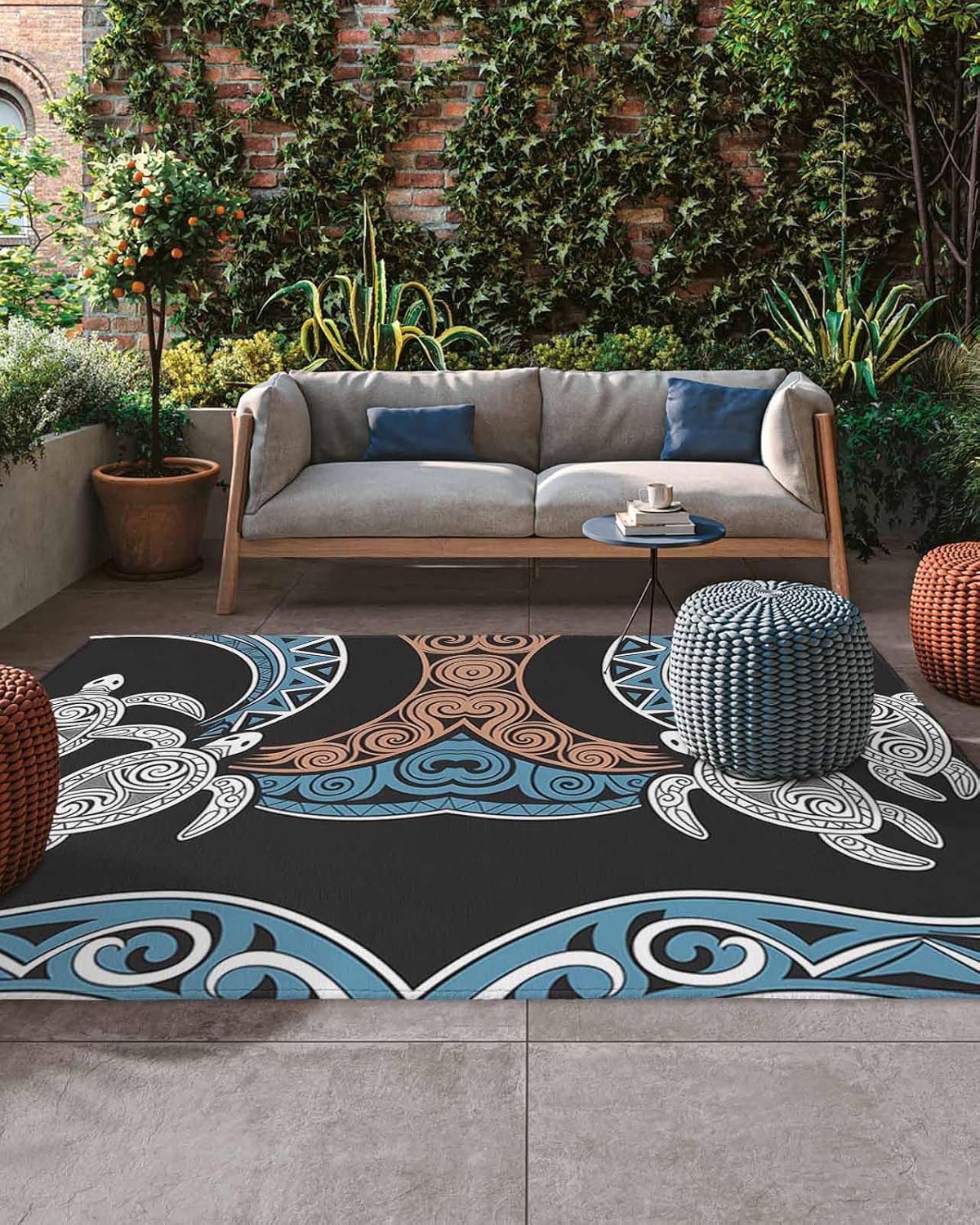 Polynesia Texture Outdoor Rug 4' x 6', Retro Traditional Tribe Turtle Abstract Washable Area Rug for Outdoor Indoor, Non Slip Outside Large Rugs Carpet for RV Patio Backyard Picnic Camping Porch Deck