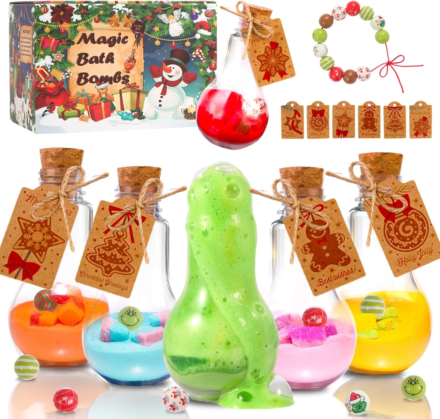 Magic Potion Bubble Bath Bombs for Kids with Bead Bracelets, Rich in Natural Essential Oils, Fun Science Kit for Toddlers Ages 3-12, Birthday, Christmas 6 Pack Bath Bomb Potions Gift for Boy and Girl