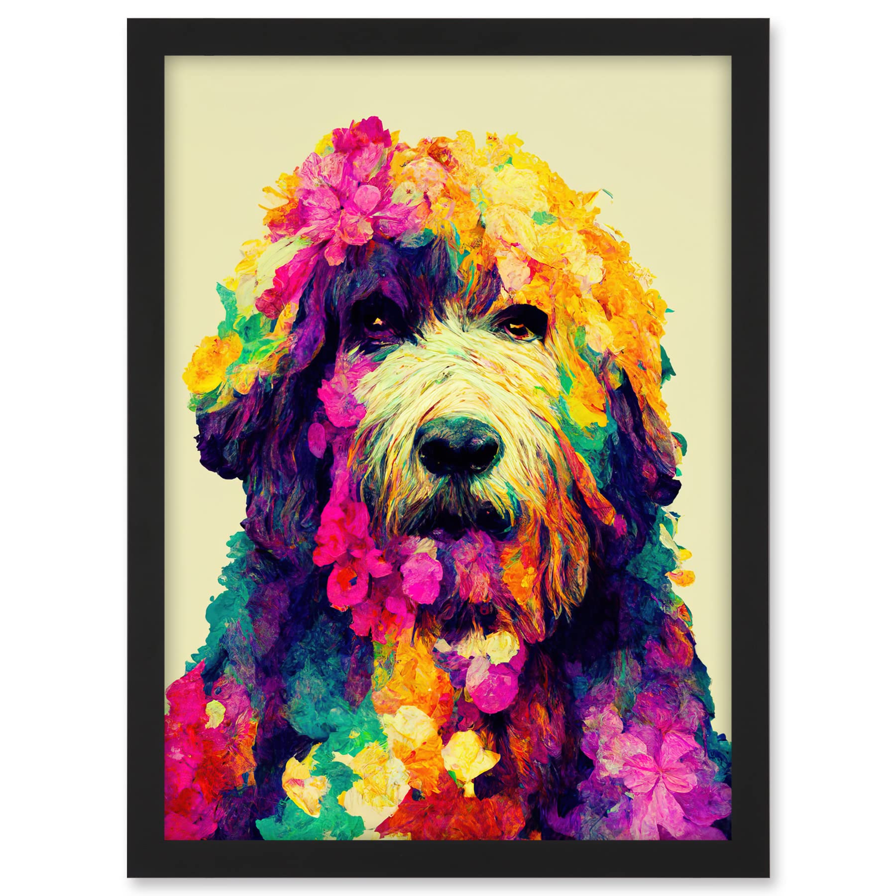 Wee Blue Coo Colourful Vibrant Floral Labradoodle Dog Abstract Portrait Artwork Framed A3 Wall Art Print