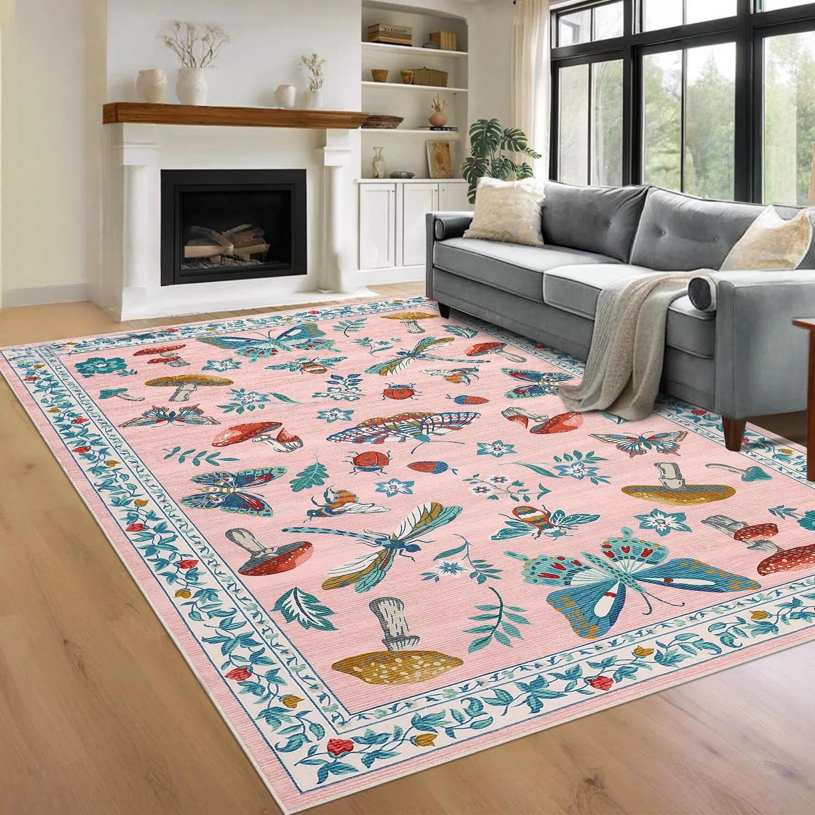 CAROMIO Wald Teppich Kinderzimmer 200x290 cm Kurzflor Waschbar Altrosa
