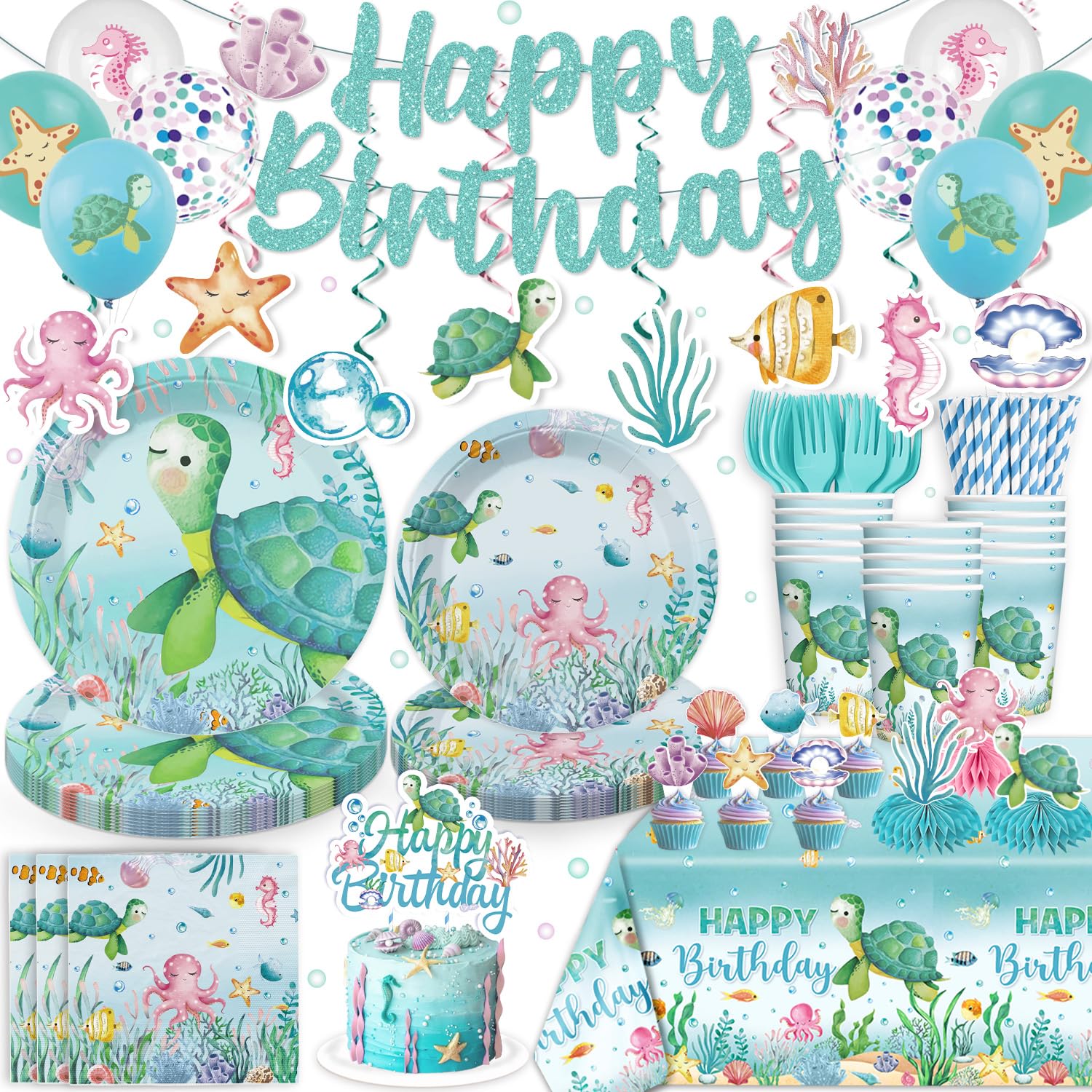 cocomigo 201 Pieces Ocean Party Decorations, All-in-One Sea Turtle Birthday Party Pack, Includes Banner, Plates, Tablecloth, Cake Toppers, Balloons, Under the Sea Decorations for 25 Guests