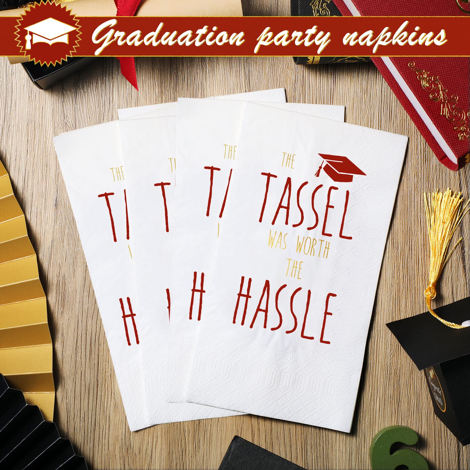 Graduation Party Supplies 100 Pieces Graduation Napkins Disposable Paper Congrats Grad Dinner Table Napkins Tassel Worth the Hassle Beverage Cocktail Napkins for 2023 Graduation (Burgundy, Tassel)