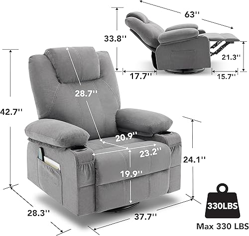 Miniatura 9 de Silla reclinable giratoria de gran tamaño con calor y masaje, sofá individual giratorio de 360 grados con portavasos y puerto USB, silla reclinable