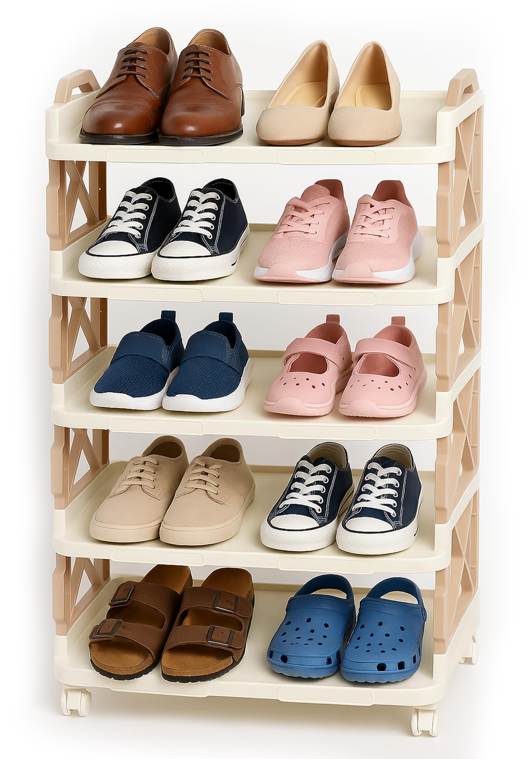 4-Tier Plastic Shoe Rack Cabinet with Wheels Stackable Shoe Organizer Shelf for Entryway Bedroom or Closet Portable Rolling Storage Rack