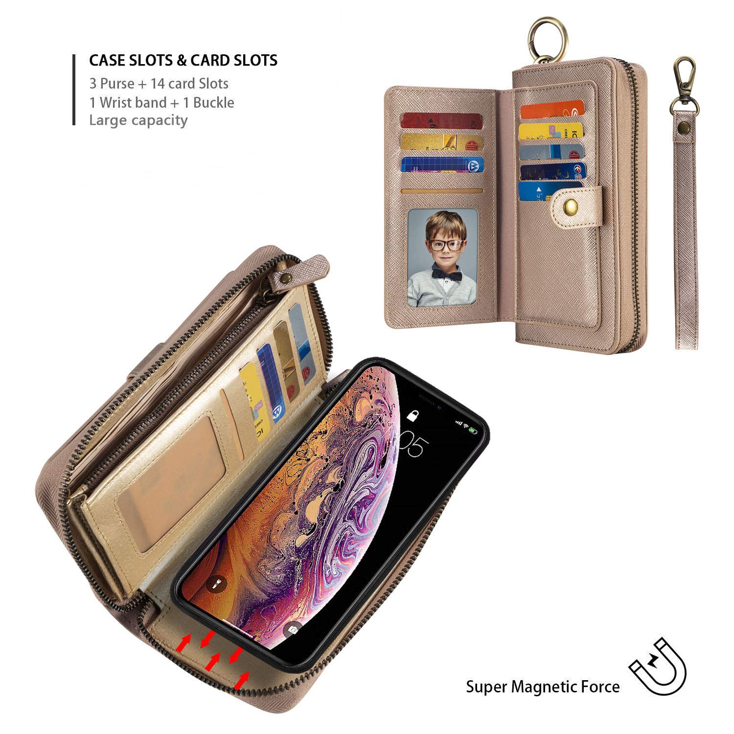 LITOU Compatibile con iPhone 14 Custodia a portafoglio con cinturino in pelle PU, con cerniera, porta carte e custodia posteriore magnetica rimovibile per uomini e donne, RG
