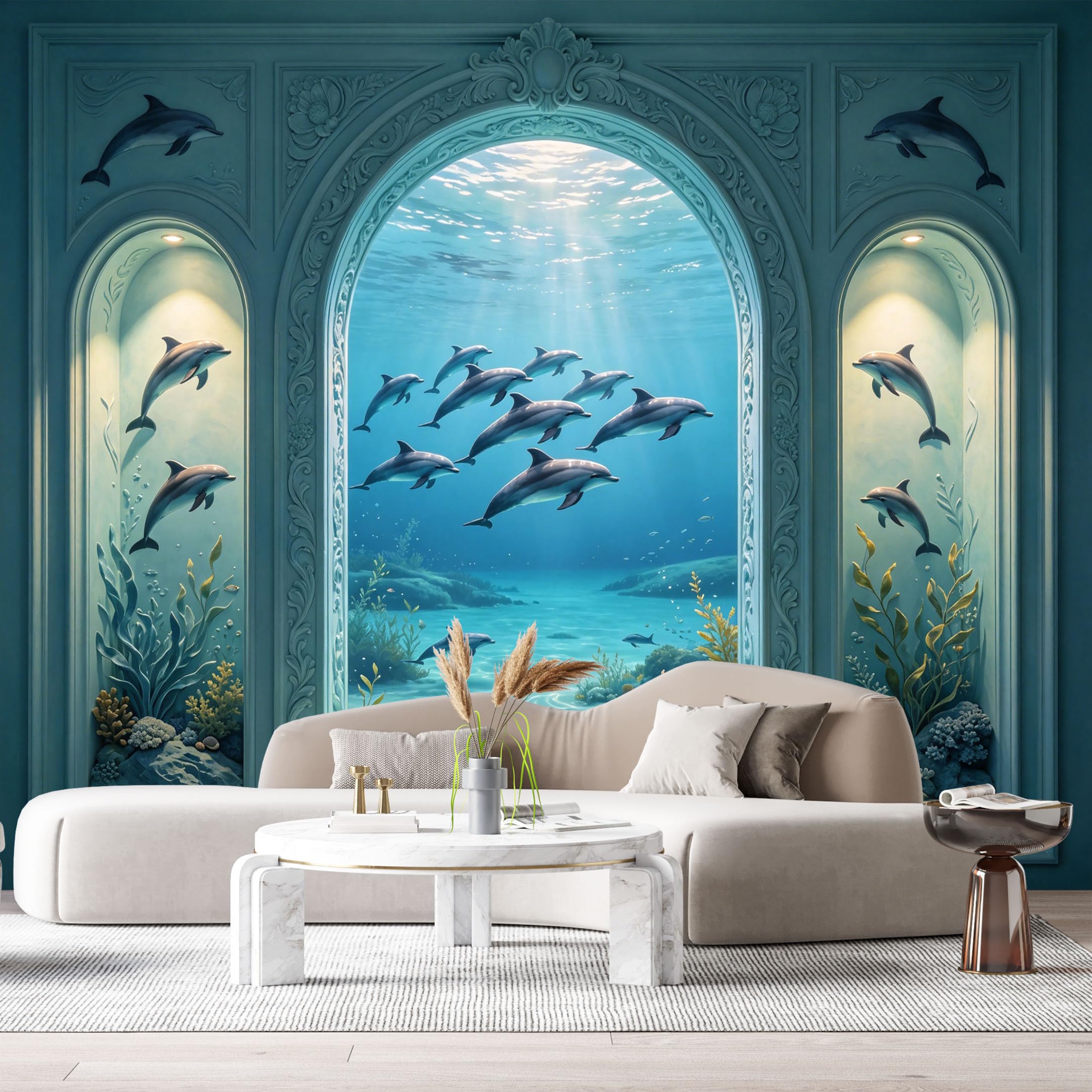 Custom Size Wall Murals Ocean Marine Dolphins Archway 3D Trompe L'Oeil SelfAdhesiveWall Fabric Removable Wallpaper Wall Decor for Living Room Bedroom Bathroom